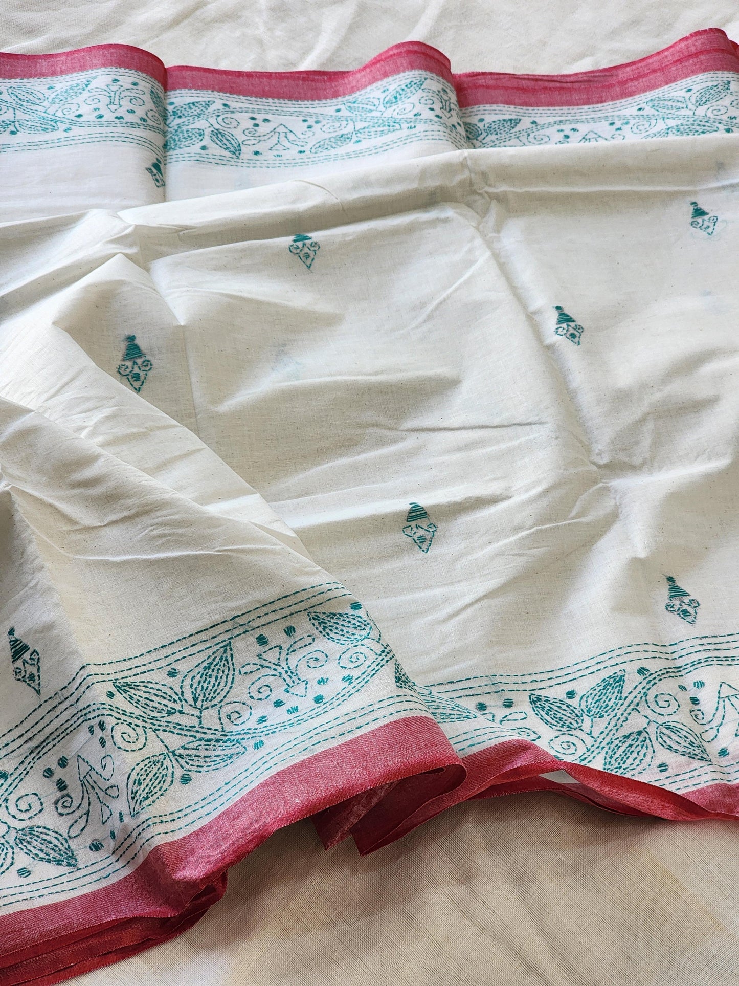 Cream Kantha Cotton Saree