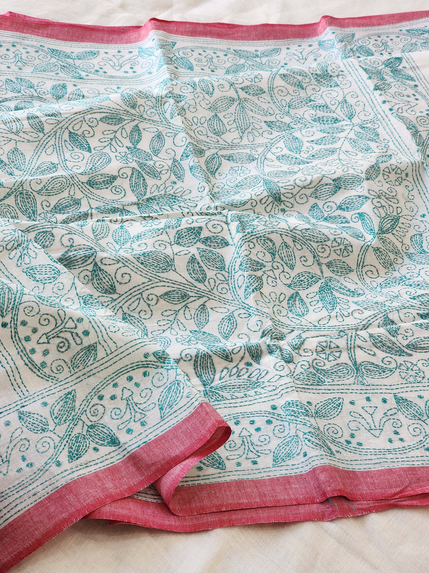 Cream Kantha Cotton Saree