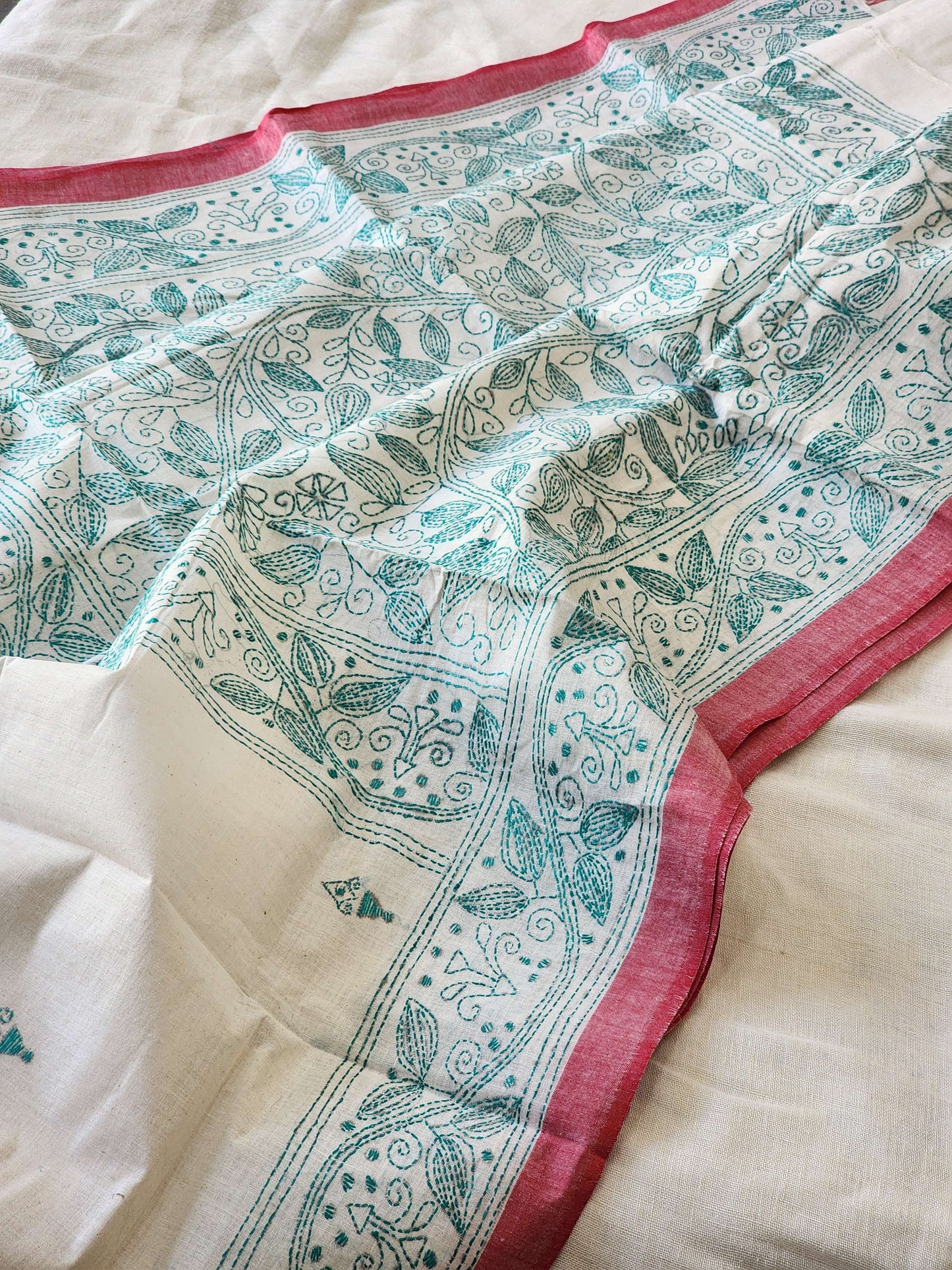 Cream Kantha Cotton Saree