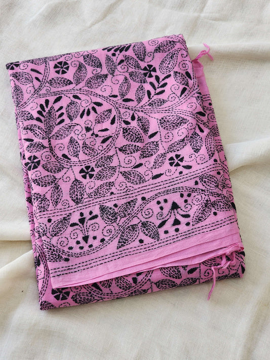 Pink Kantha Cotton Saree