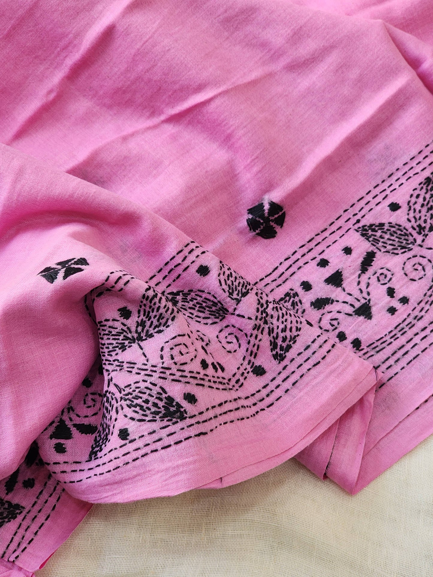 Pink Kantha Cotton Saree