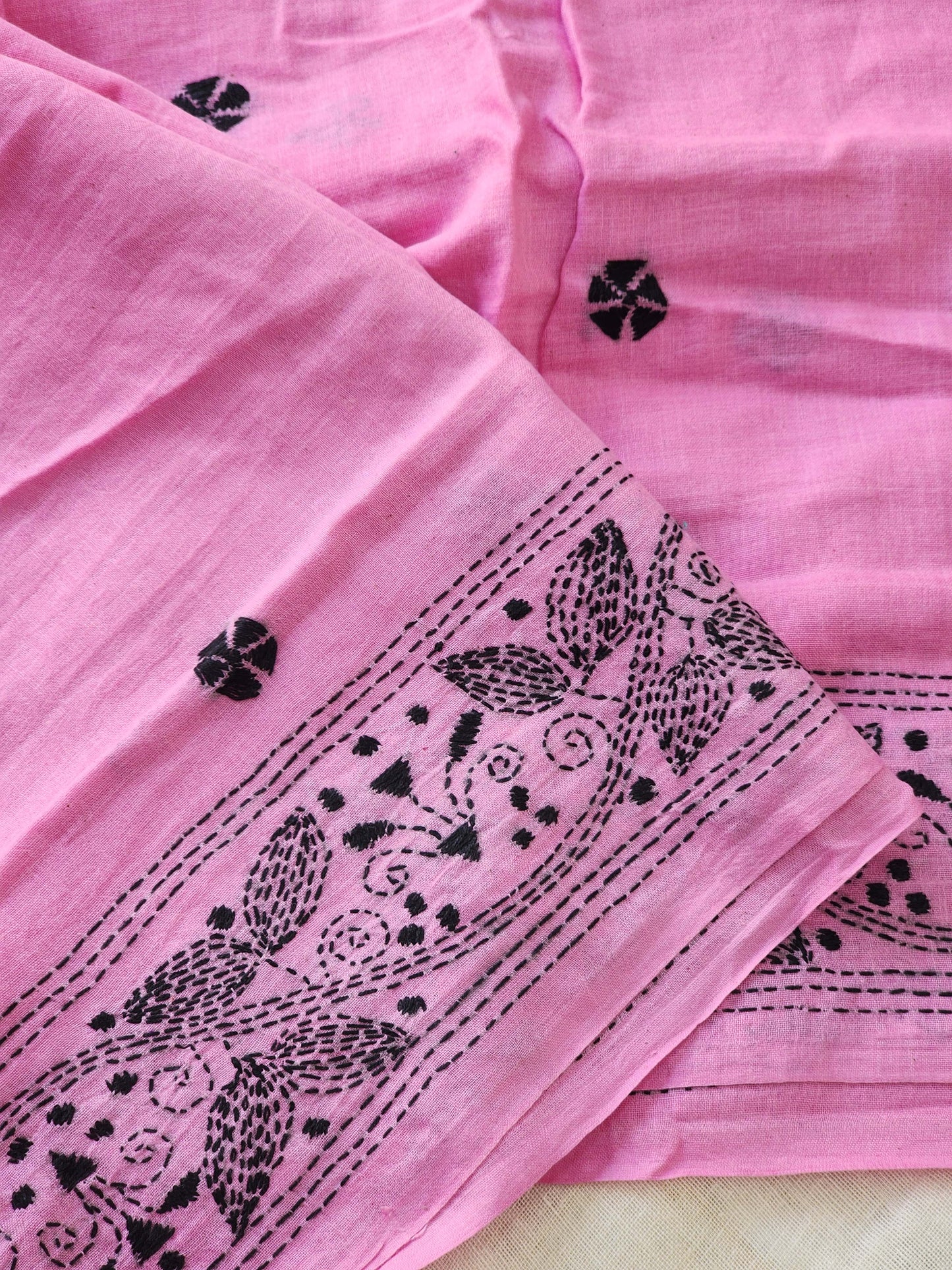 Pink Kantha Cotton Saree
