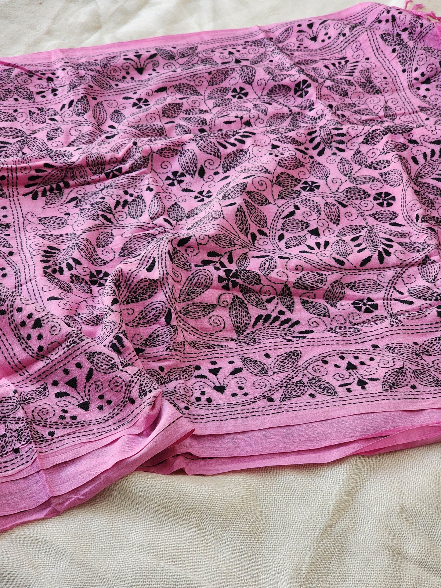 Pink Kantha Cotton Saree