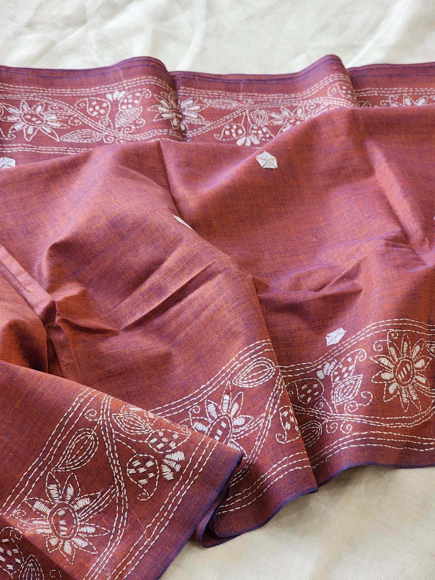 Maroon Kantha Cotton Saree