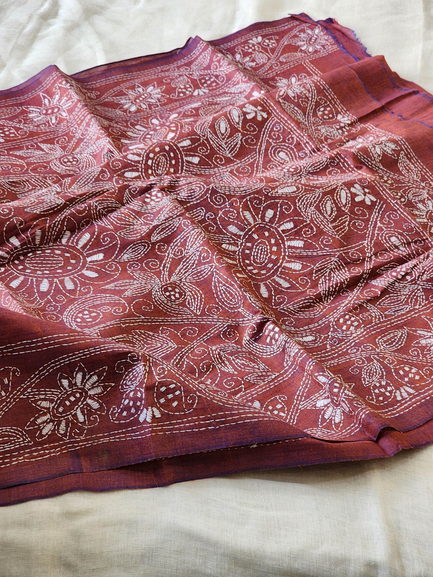 Maroon Kantha Cotton Saree