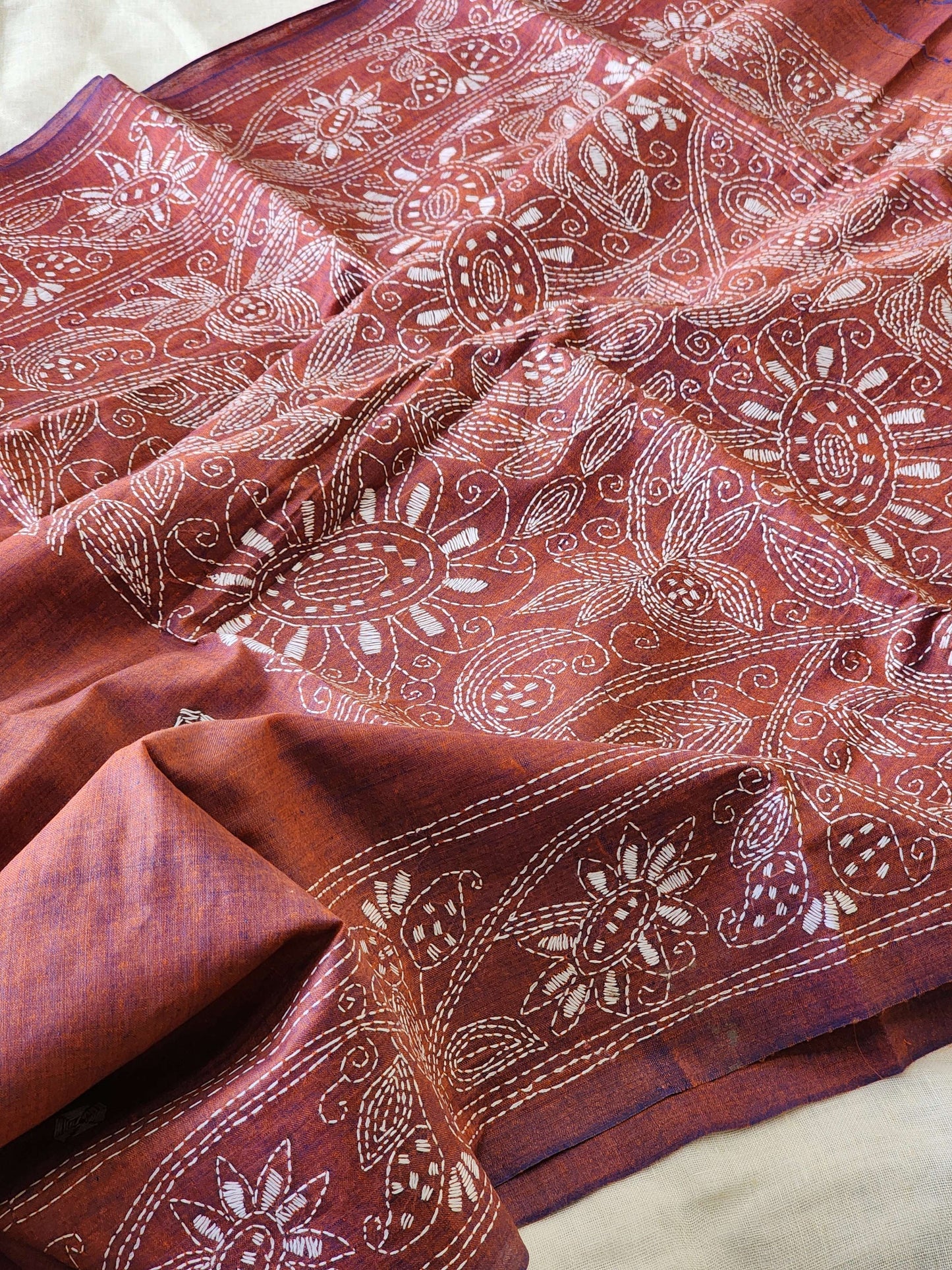 Maroon Kantha Cotton Saree