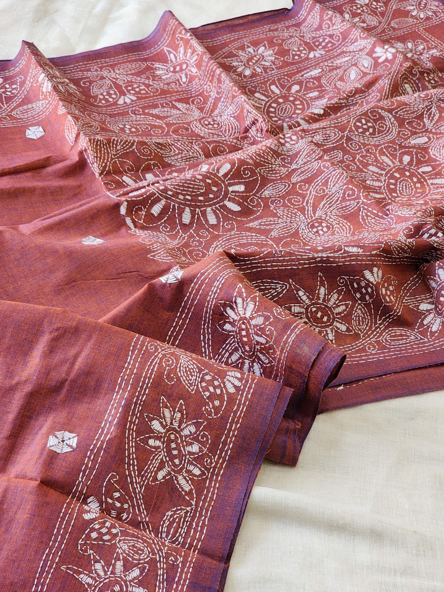 Maroon Kantha Cotton Saree