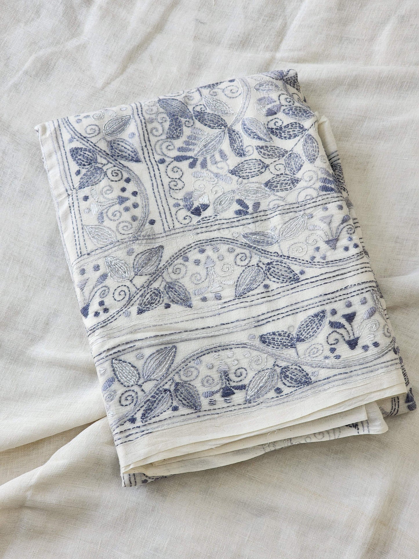 White Kantha Cotton Saree