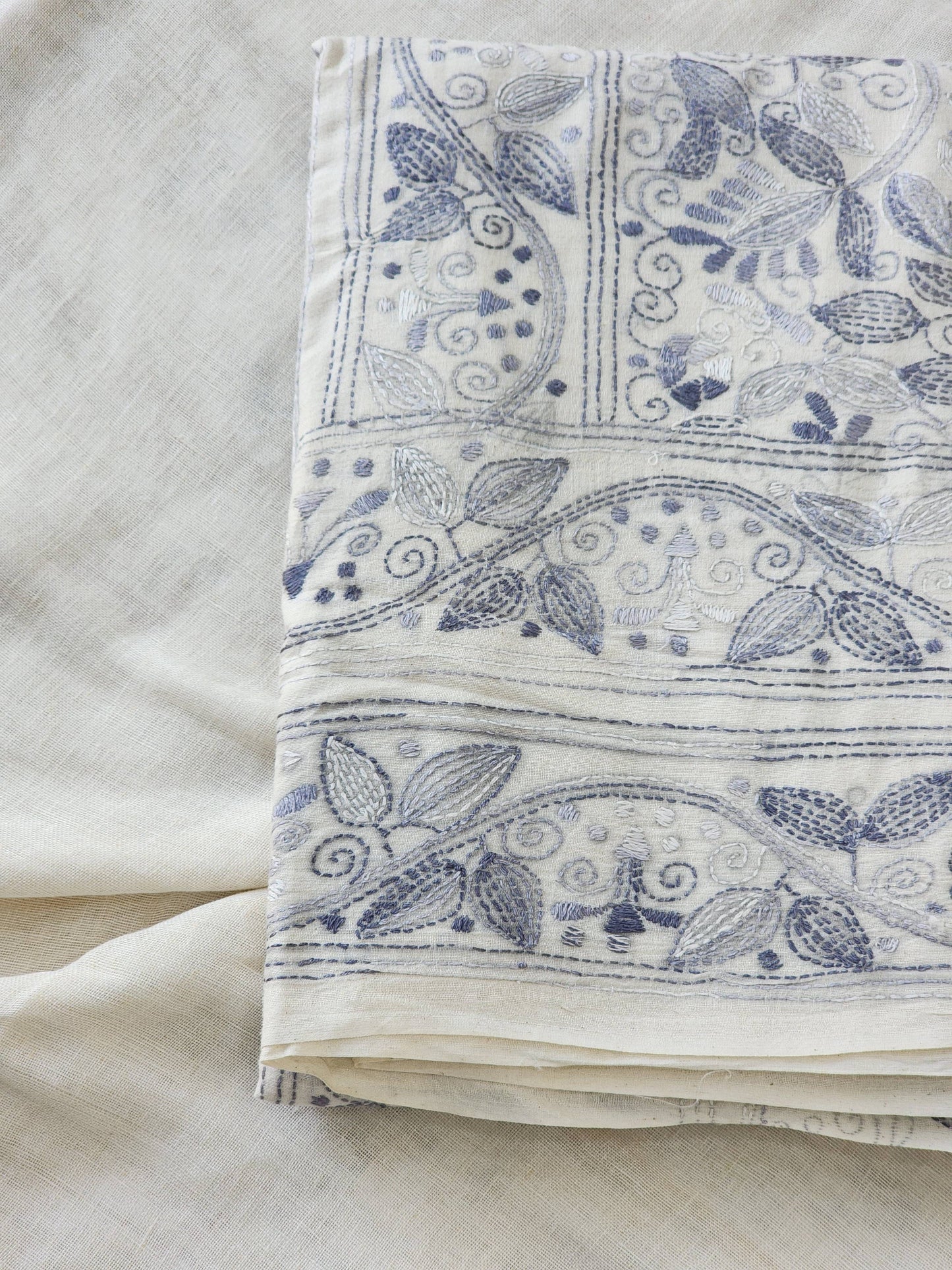 White Kantha Cotton Saree