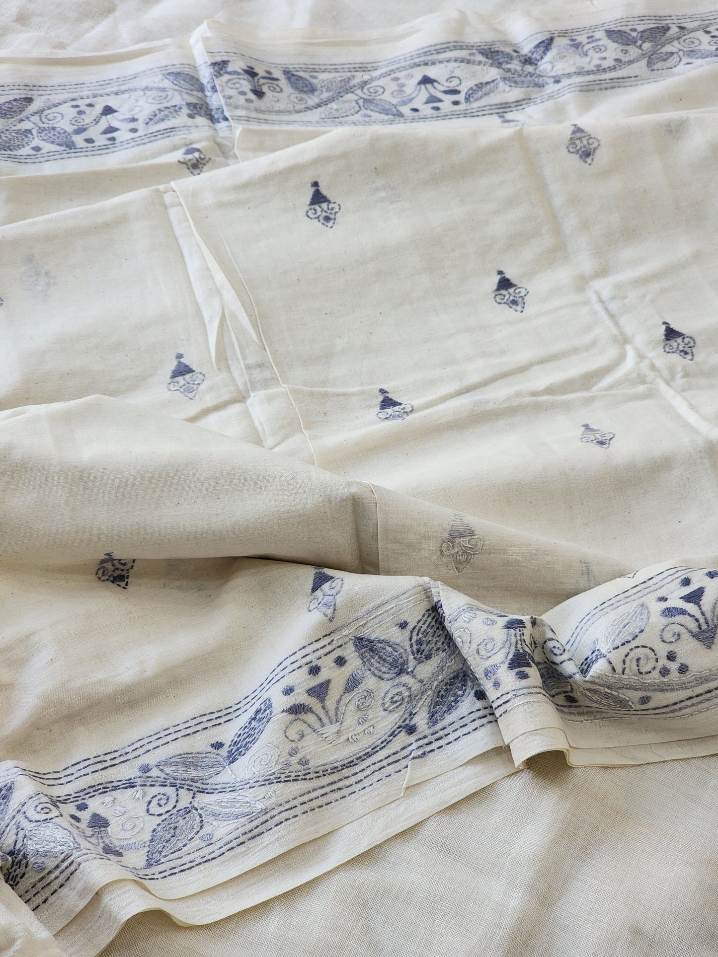 White Kantha Cotton Saree