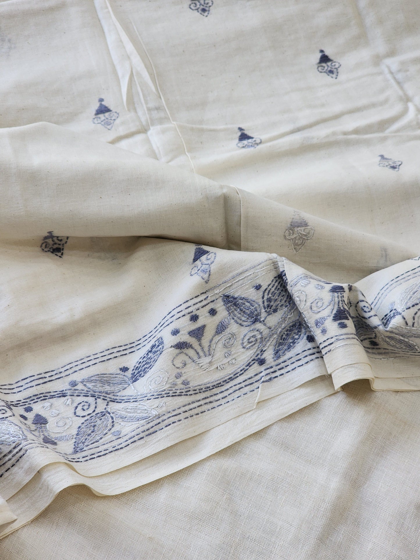 White Kantha Cotton Saree