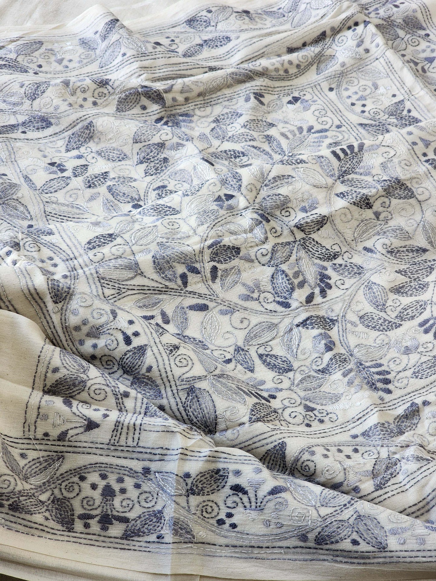 White Kantha Cotton Saree