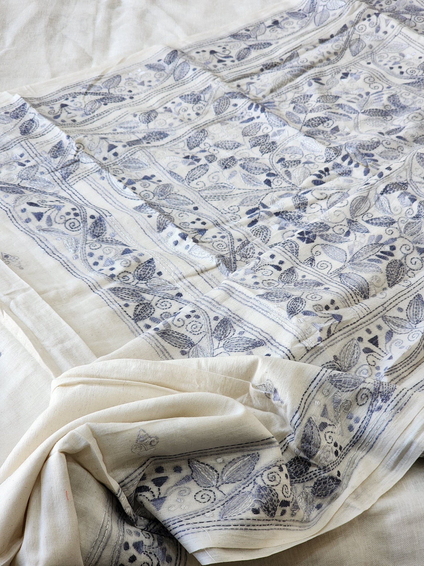 White Kantha Cotton Saree
