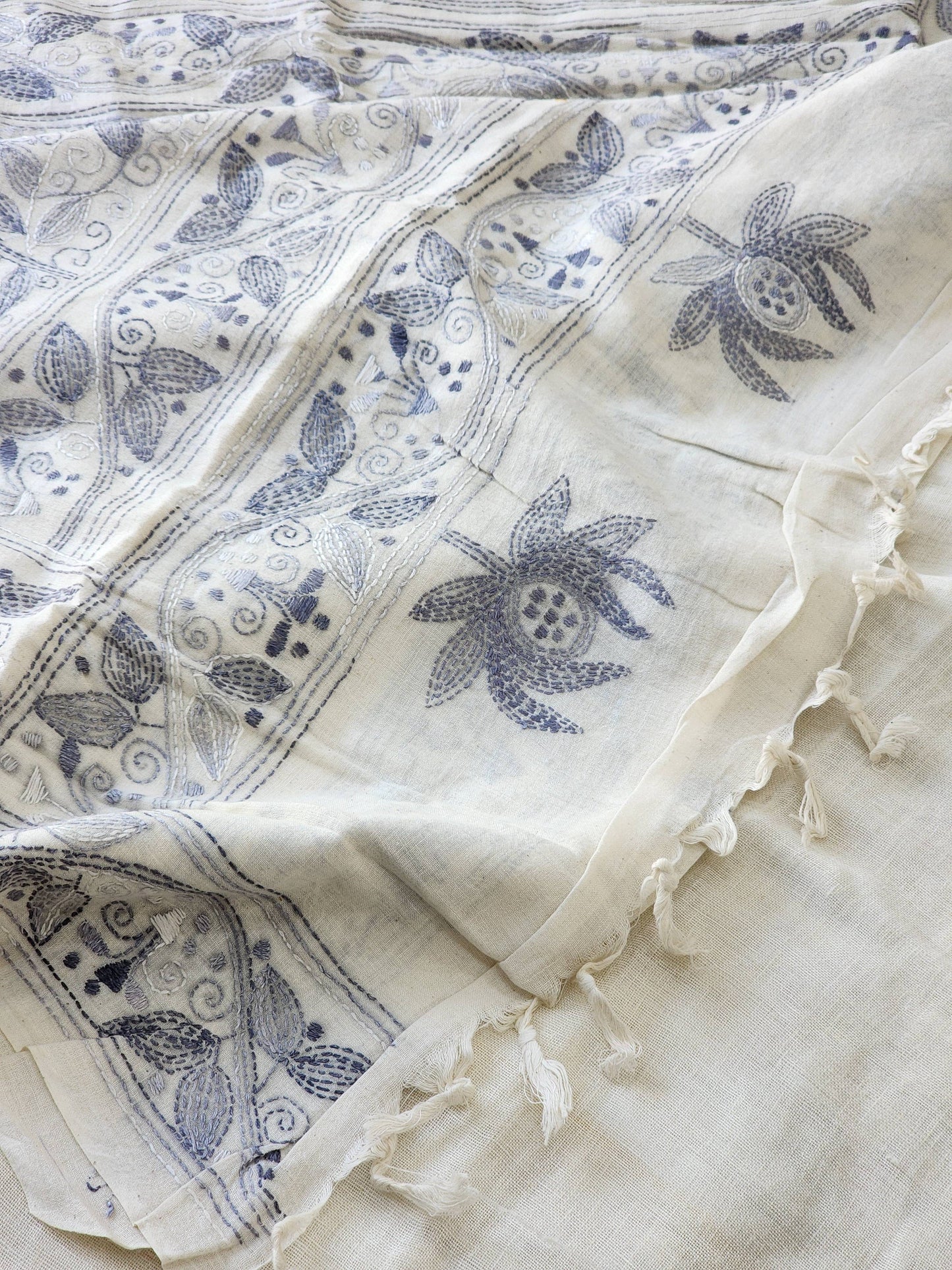 White Kantha Cotton Saree