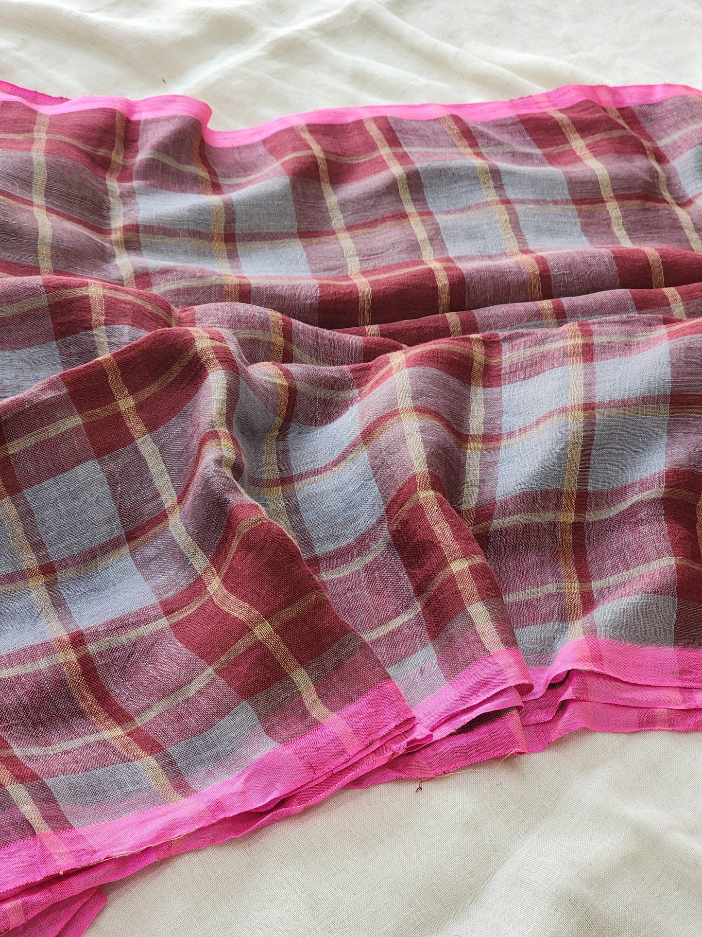 Grey & Maroon Linen Saree