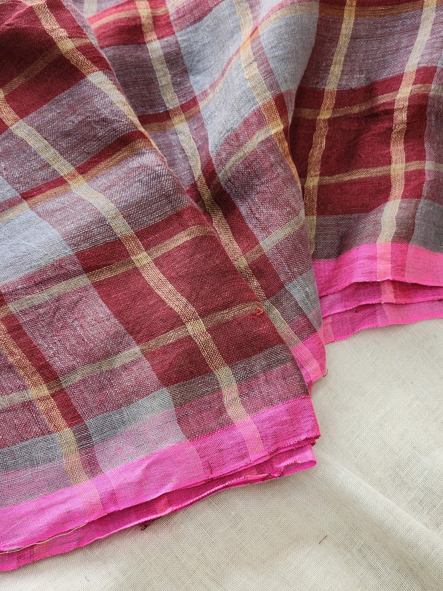 Grey & Maroon Linen Saree