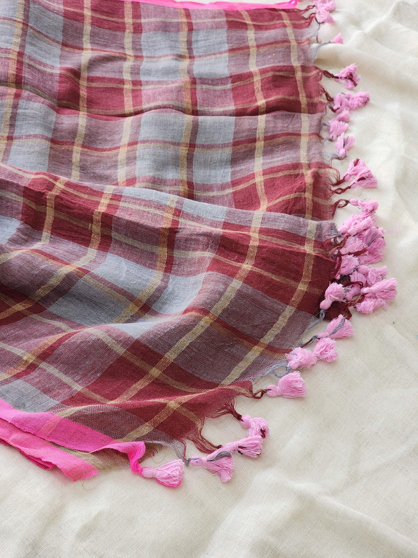 Grey & Maroon Linen Saree