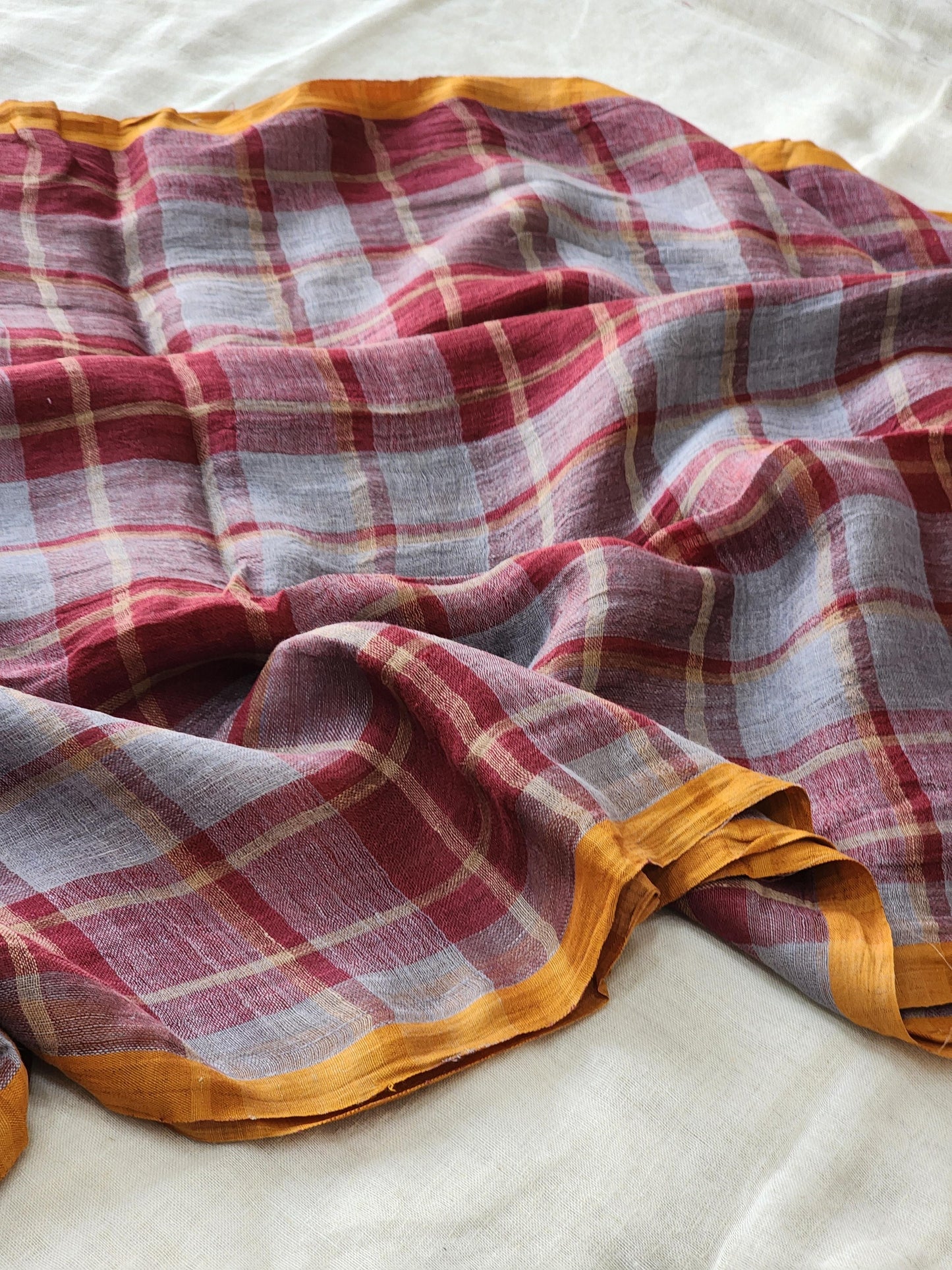 Grey & Maroon Linen Saree