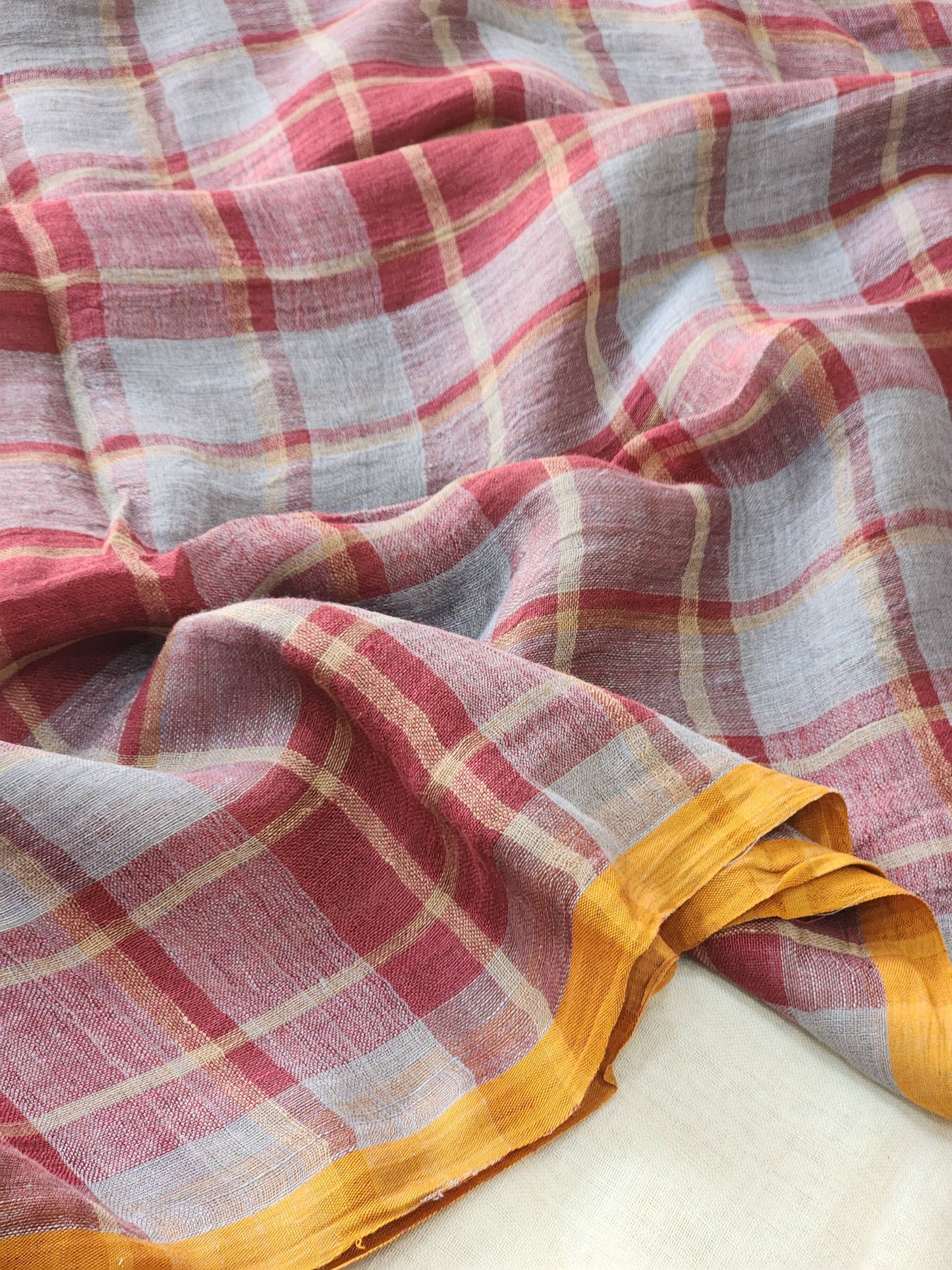 Grey & Maroon Linen Saree