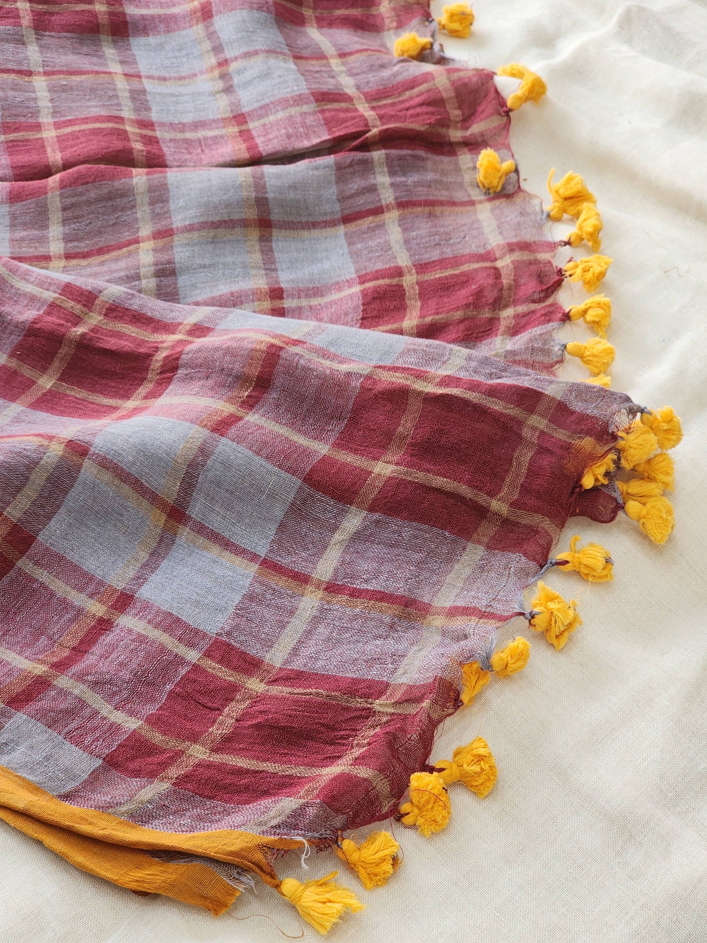 Grey & Maroon Linen Saree