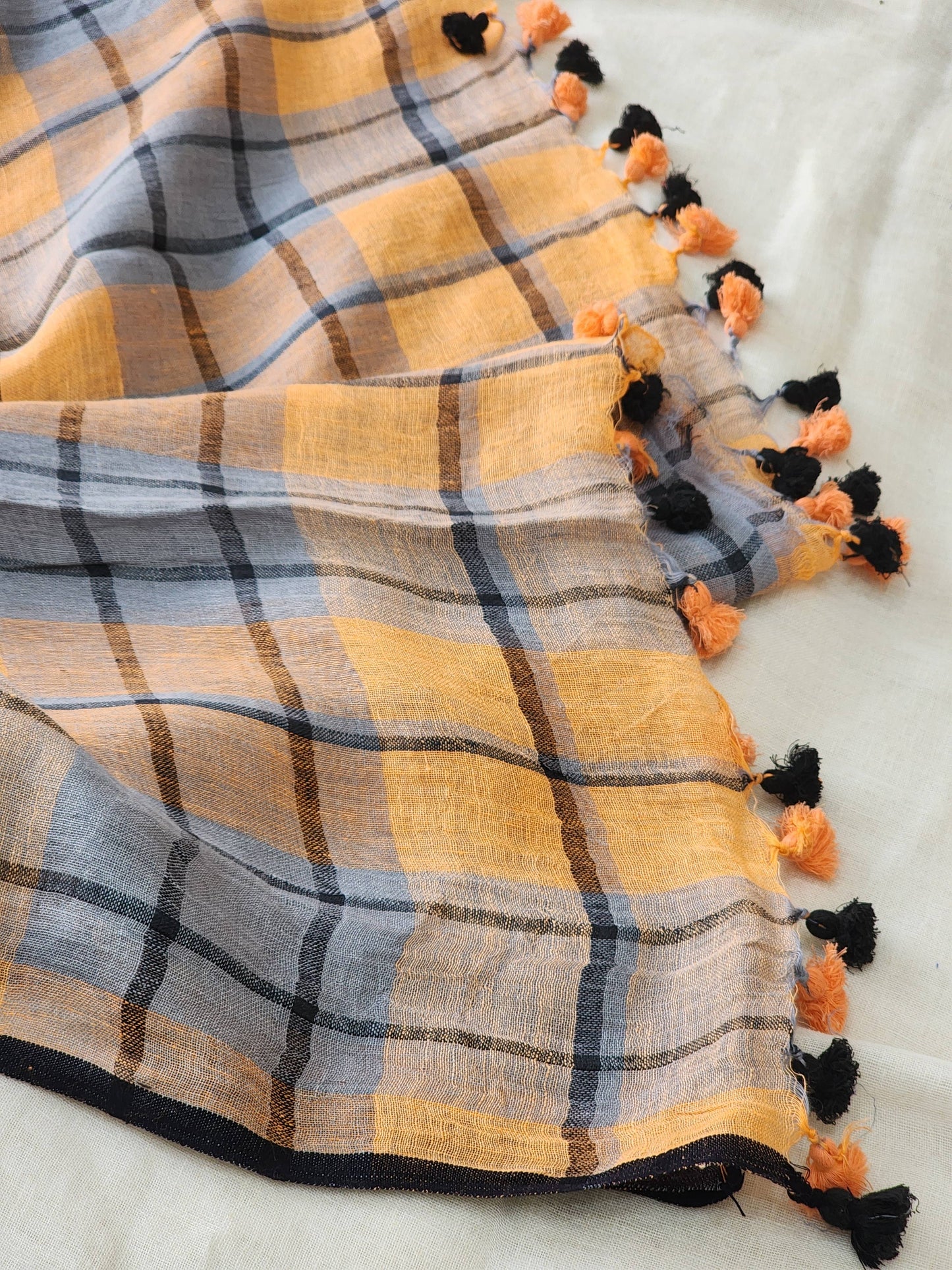 Peach & Grey Linen Saree