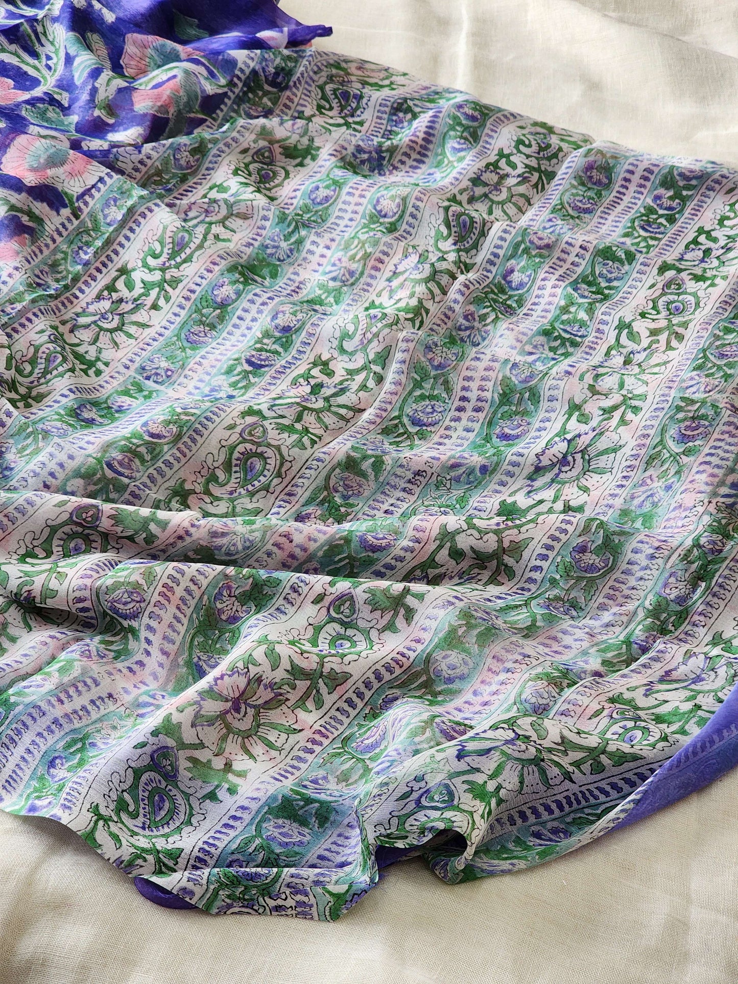 Purple Chiffon Handblock Saree