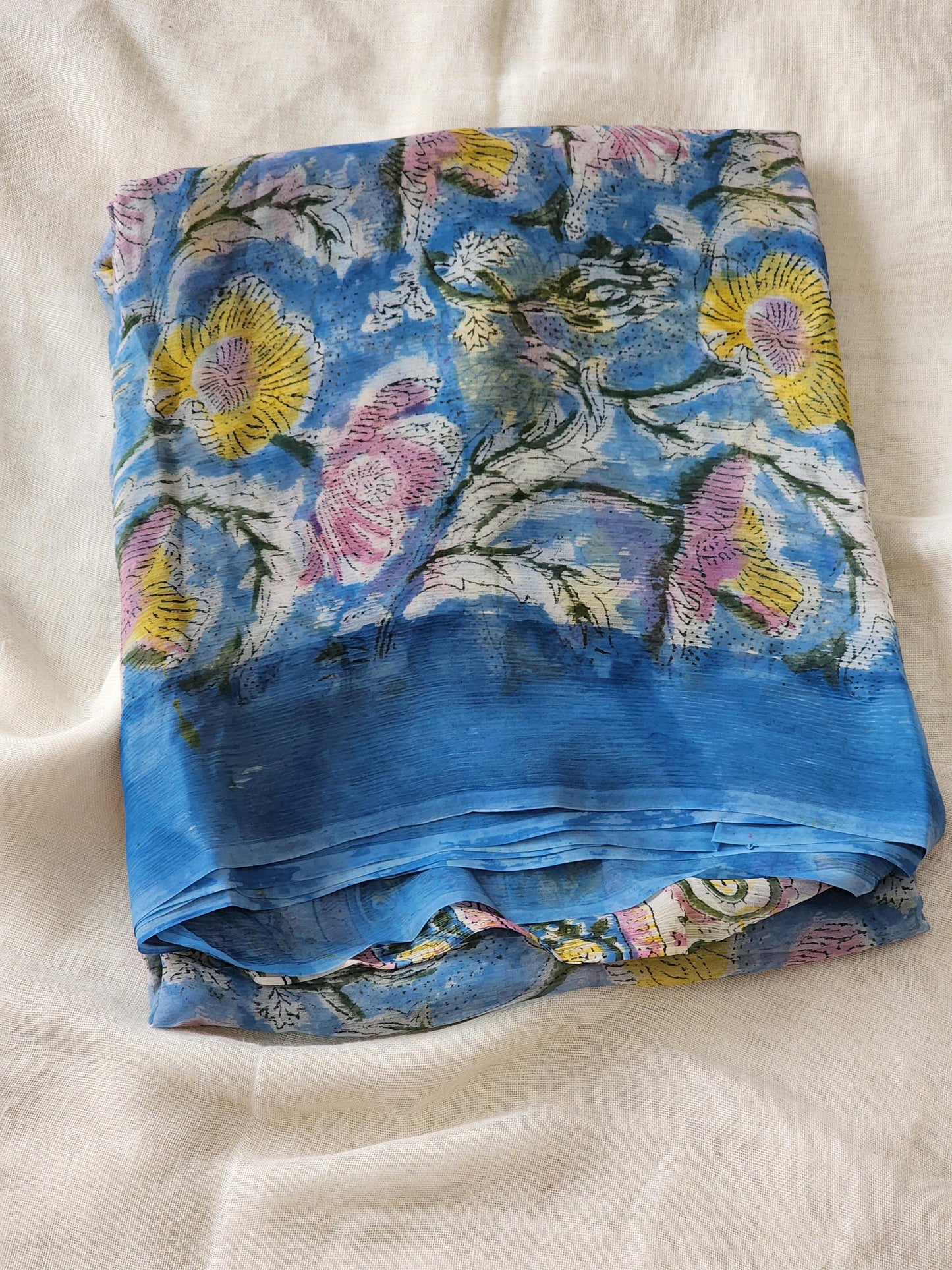 Blue Chiffon Handblock Saree