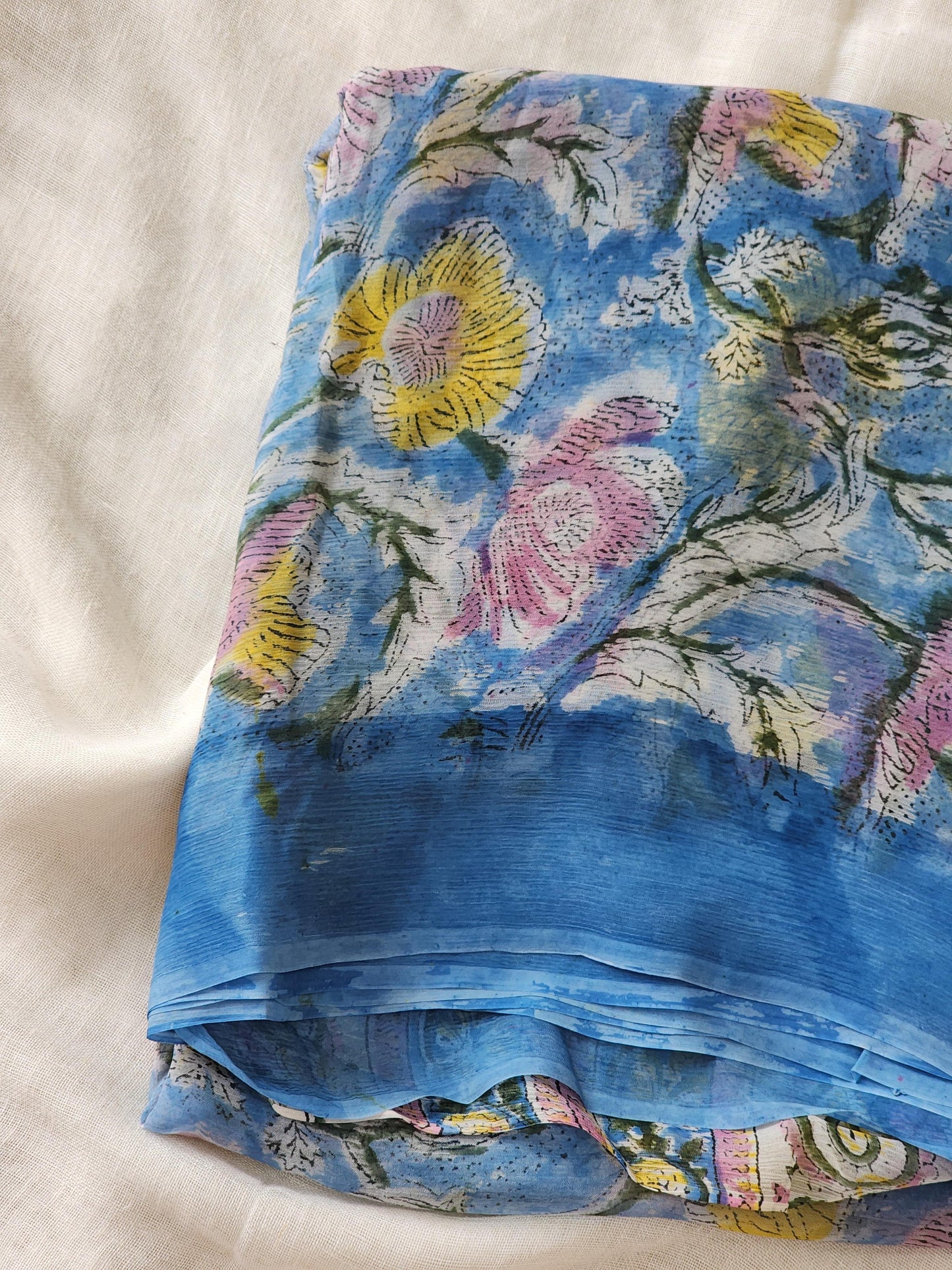 Blue Chiffon Handblock Saree