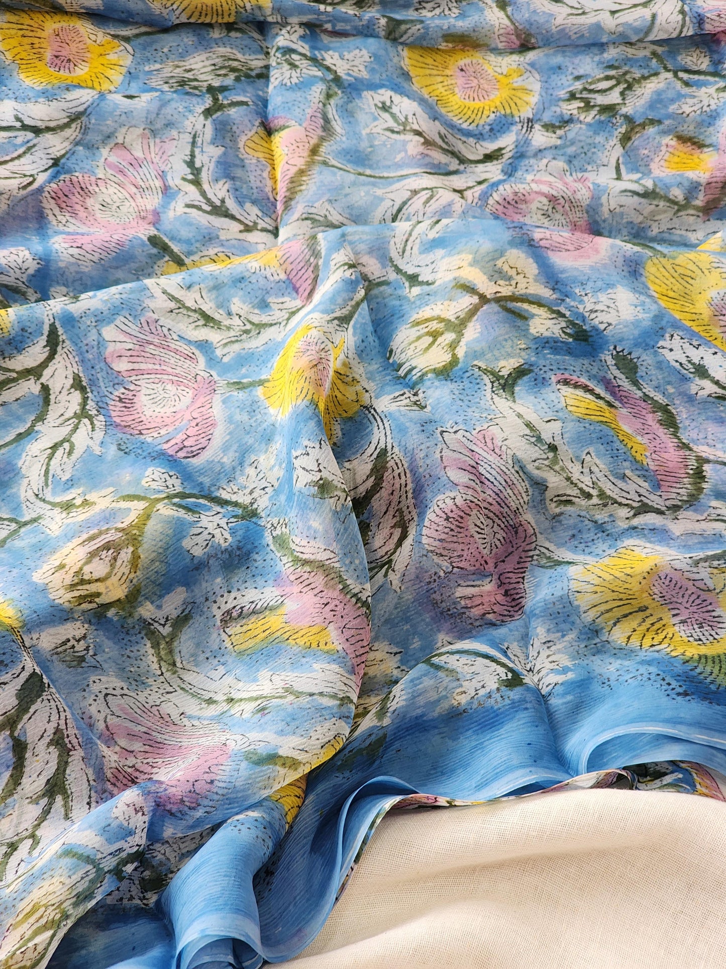 Blue Chiffon Handblock Saree