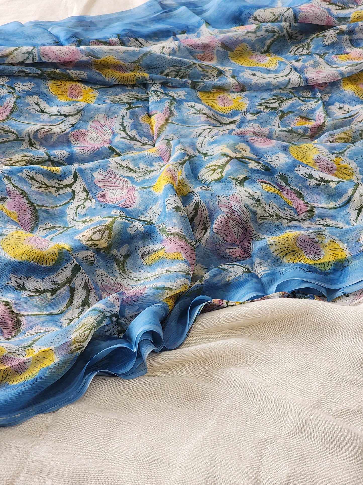 Blue Chiffon Handblock Saree