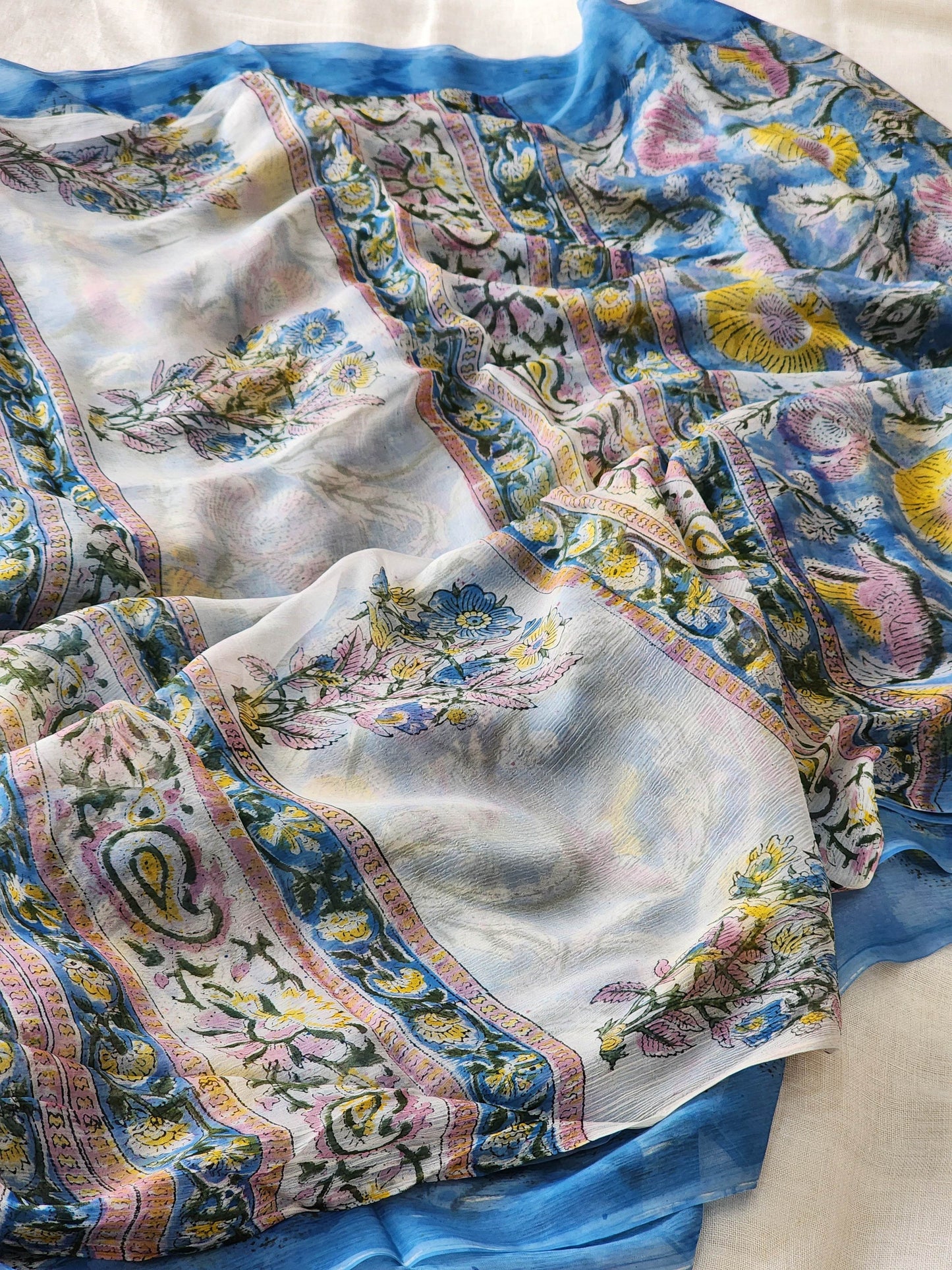 Blue Chiffon Handblock Saree