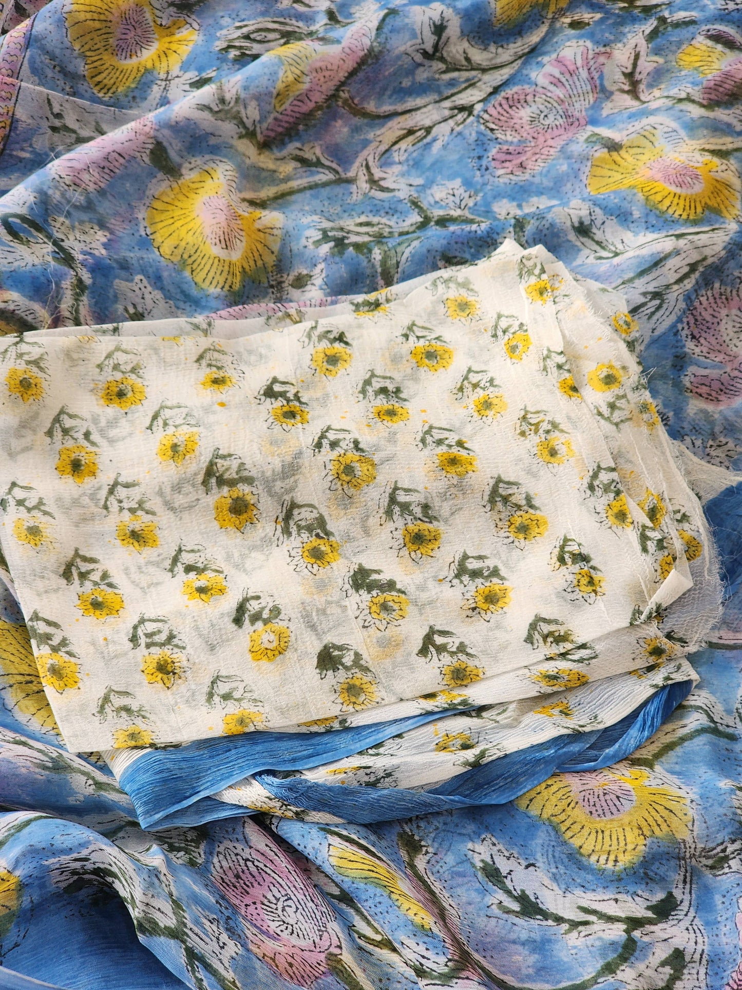 Blue Chiffon Handblock Saree