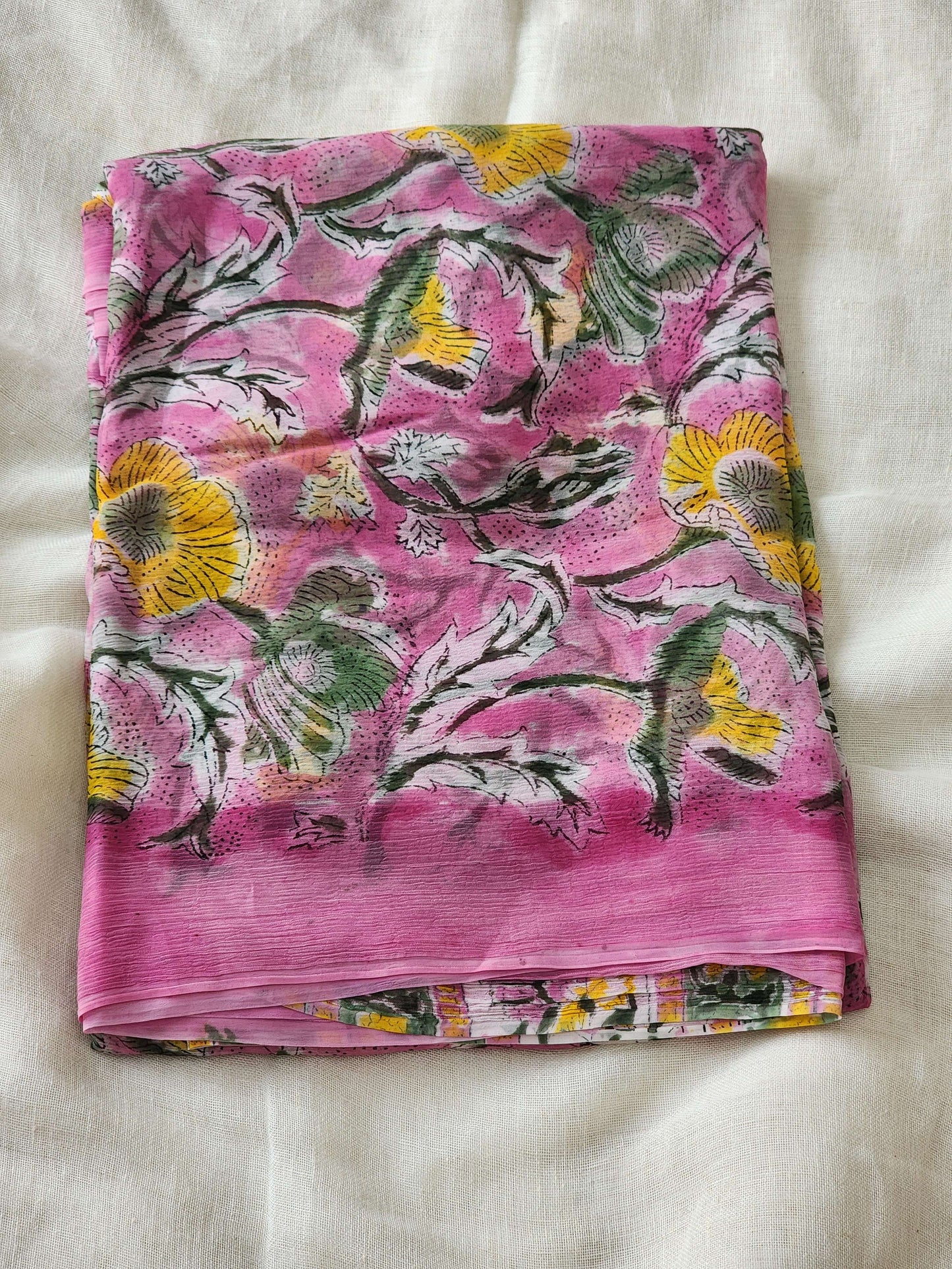 Pink Chiffon Handblock Saree