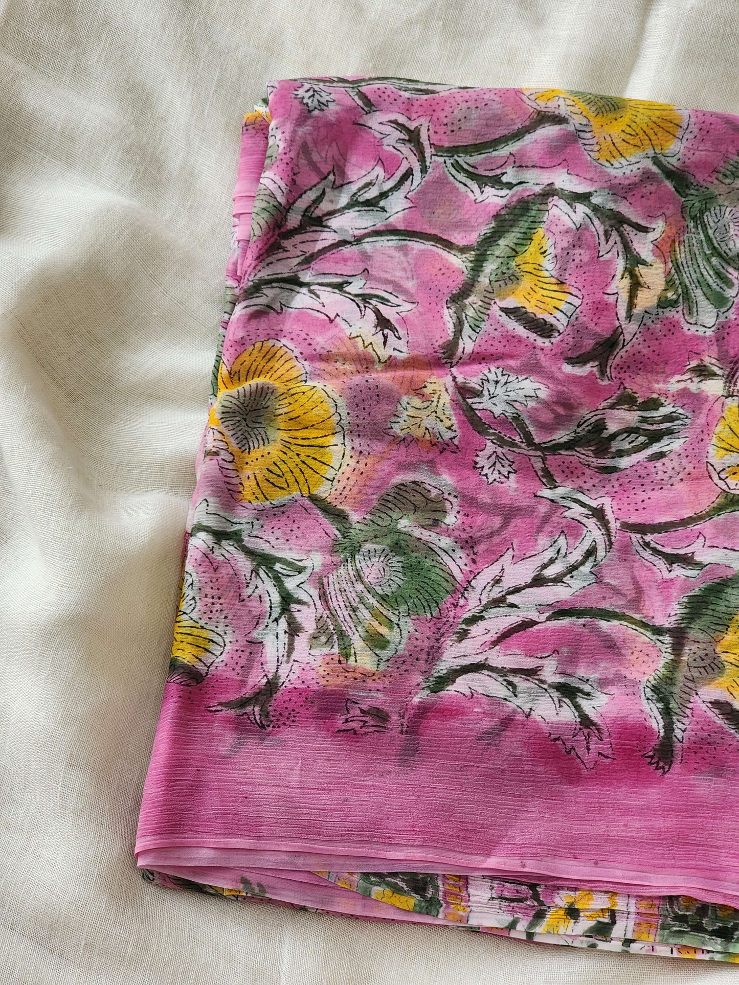 Pink Chiffon Handblock Saree