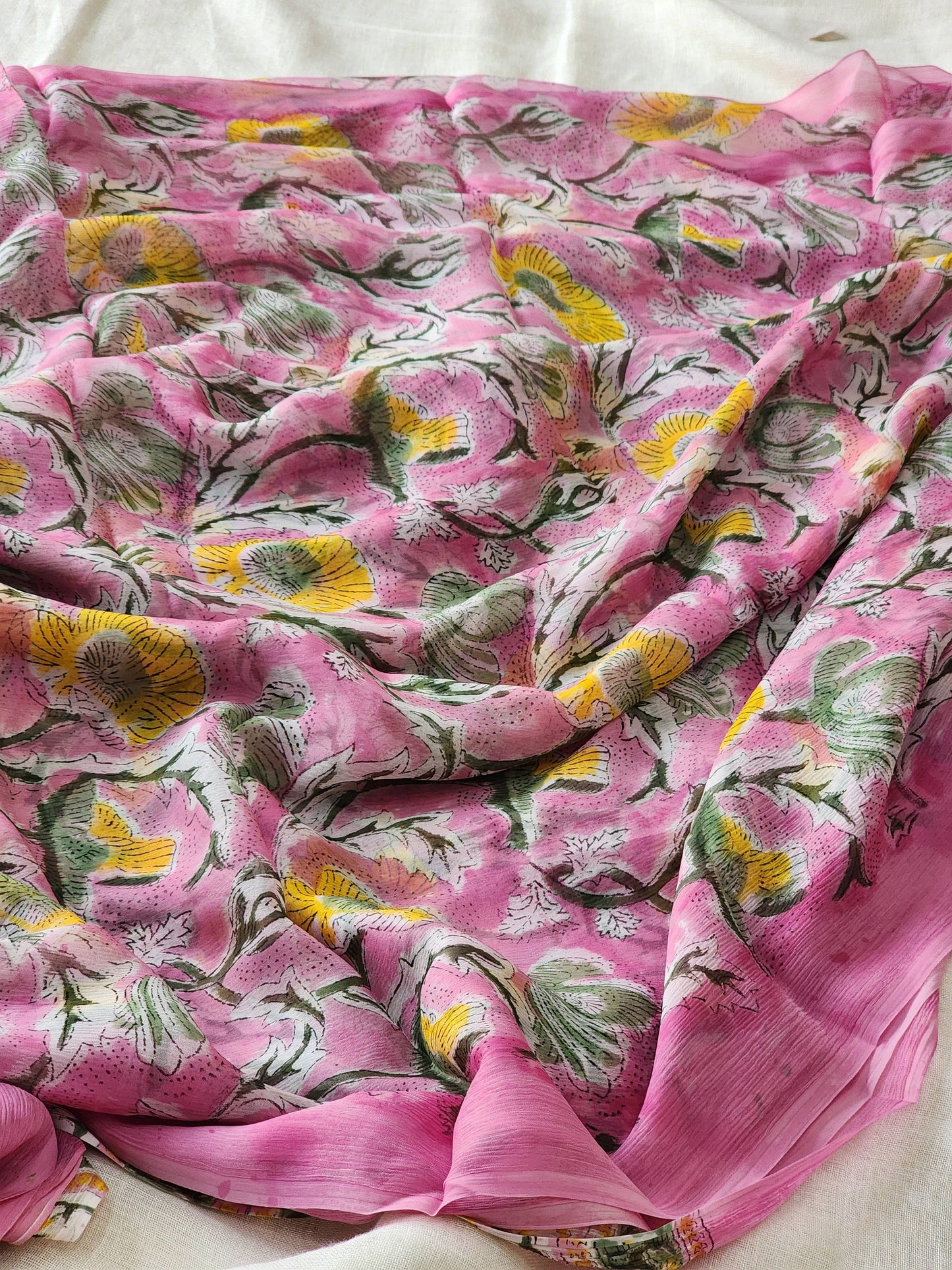 Pink Chiffon Handblock Saree
