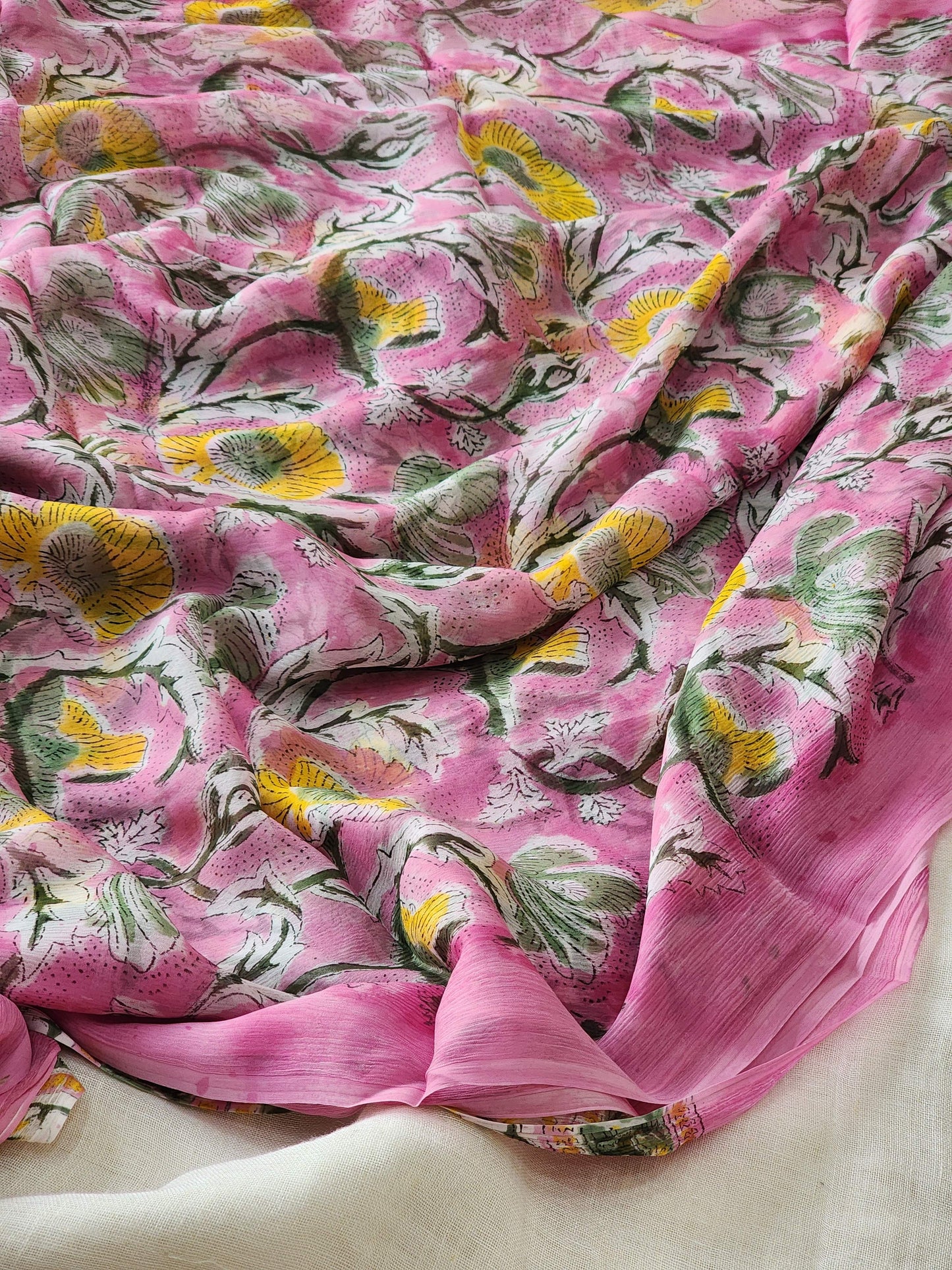 Pink Chiffon Handblock Saree
