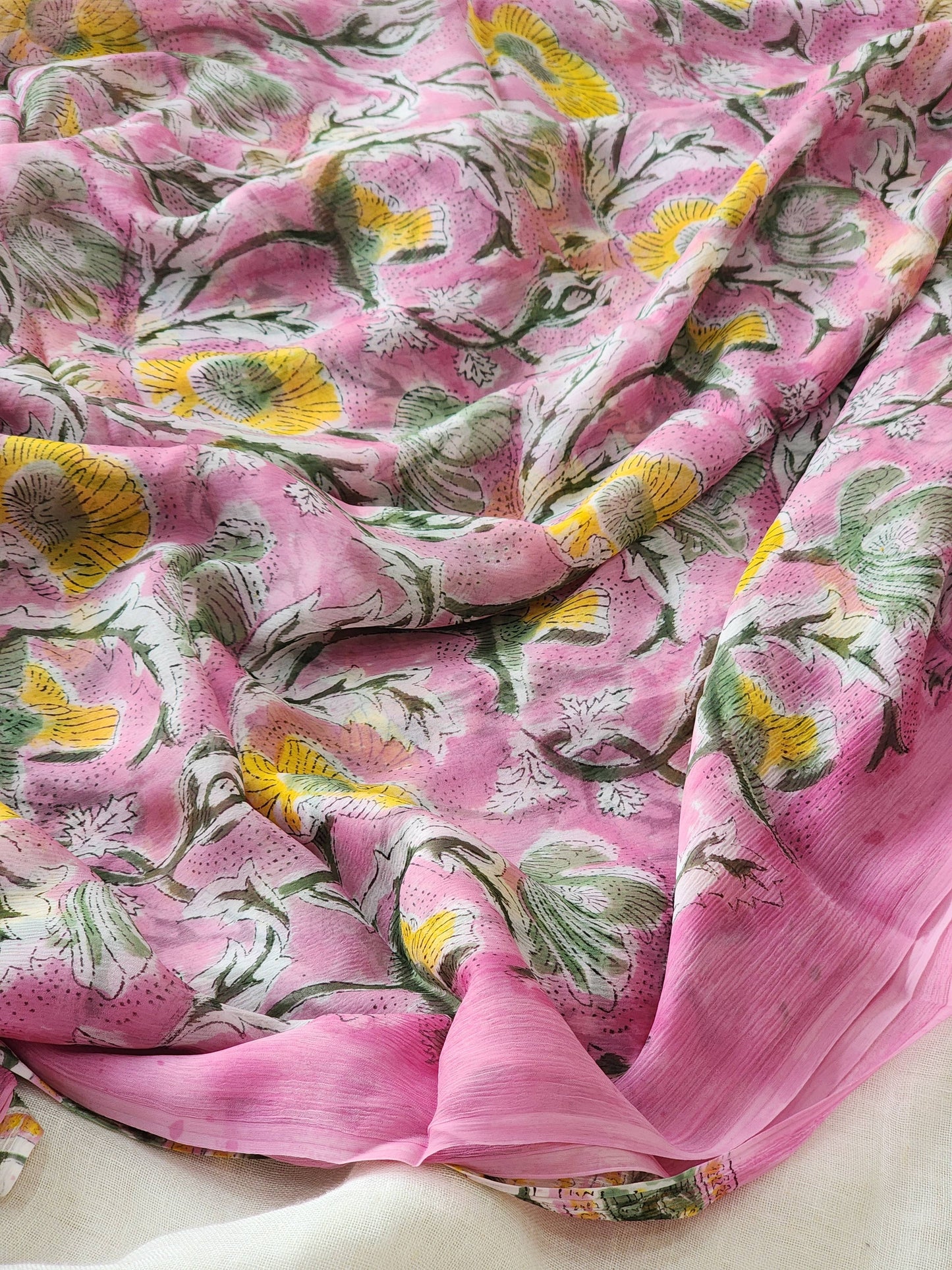 Pink Chiffon Handblock Saree