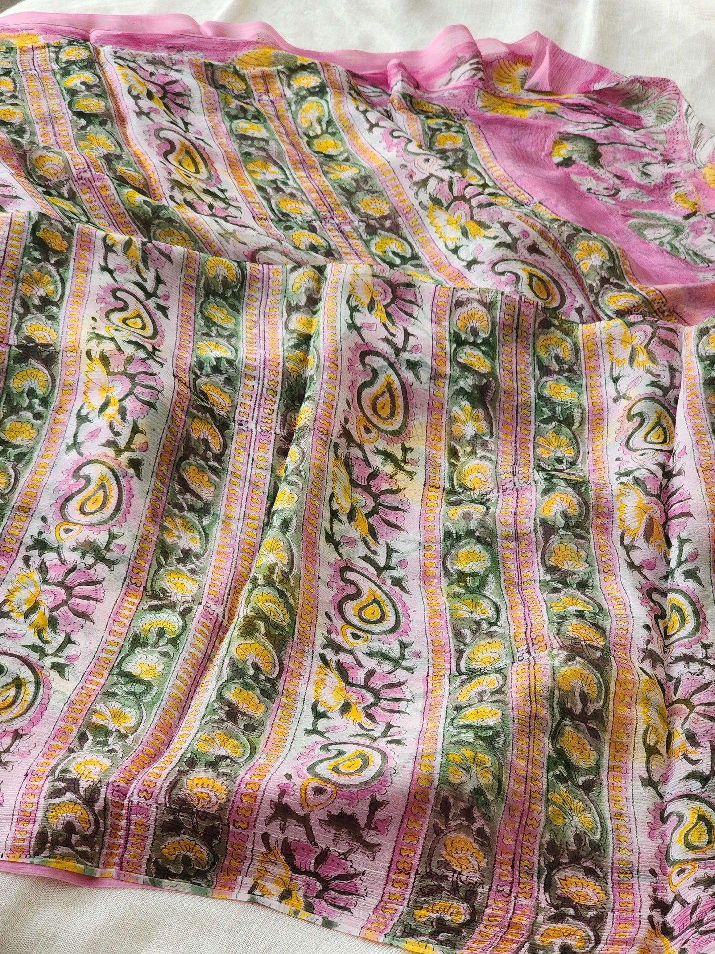Pink Chiffon Handblock Saree