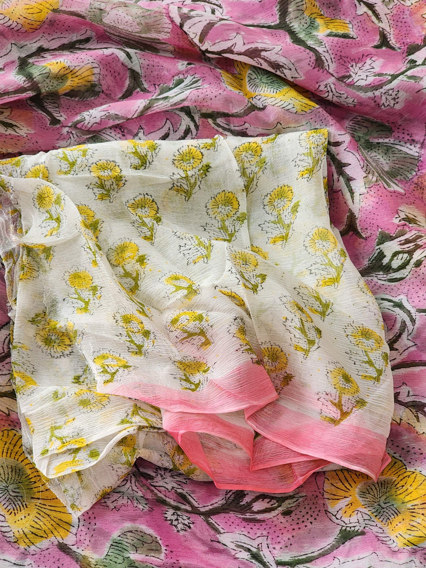 Pink Chiffon Handblock Saree