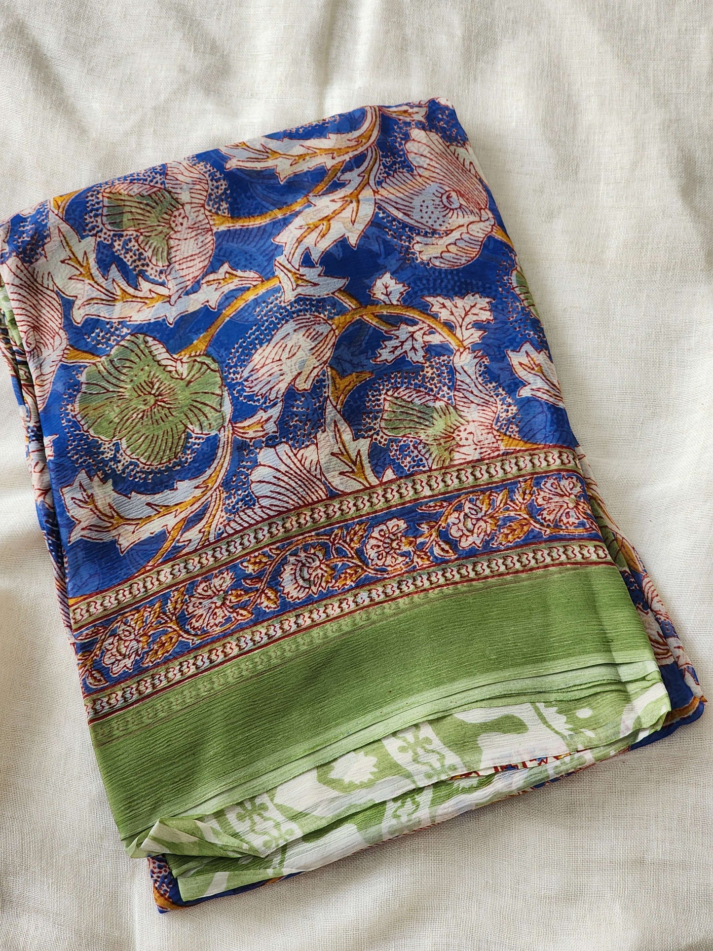 Blue Chiffon Handblock Saree