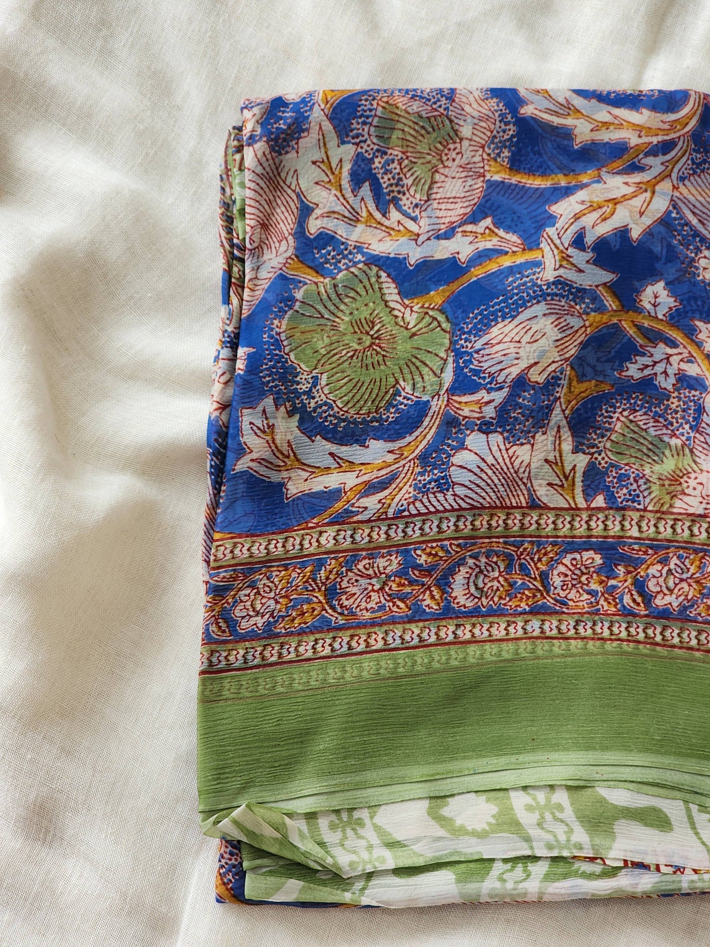 Blue Chiffon Handblock Saree