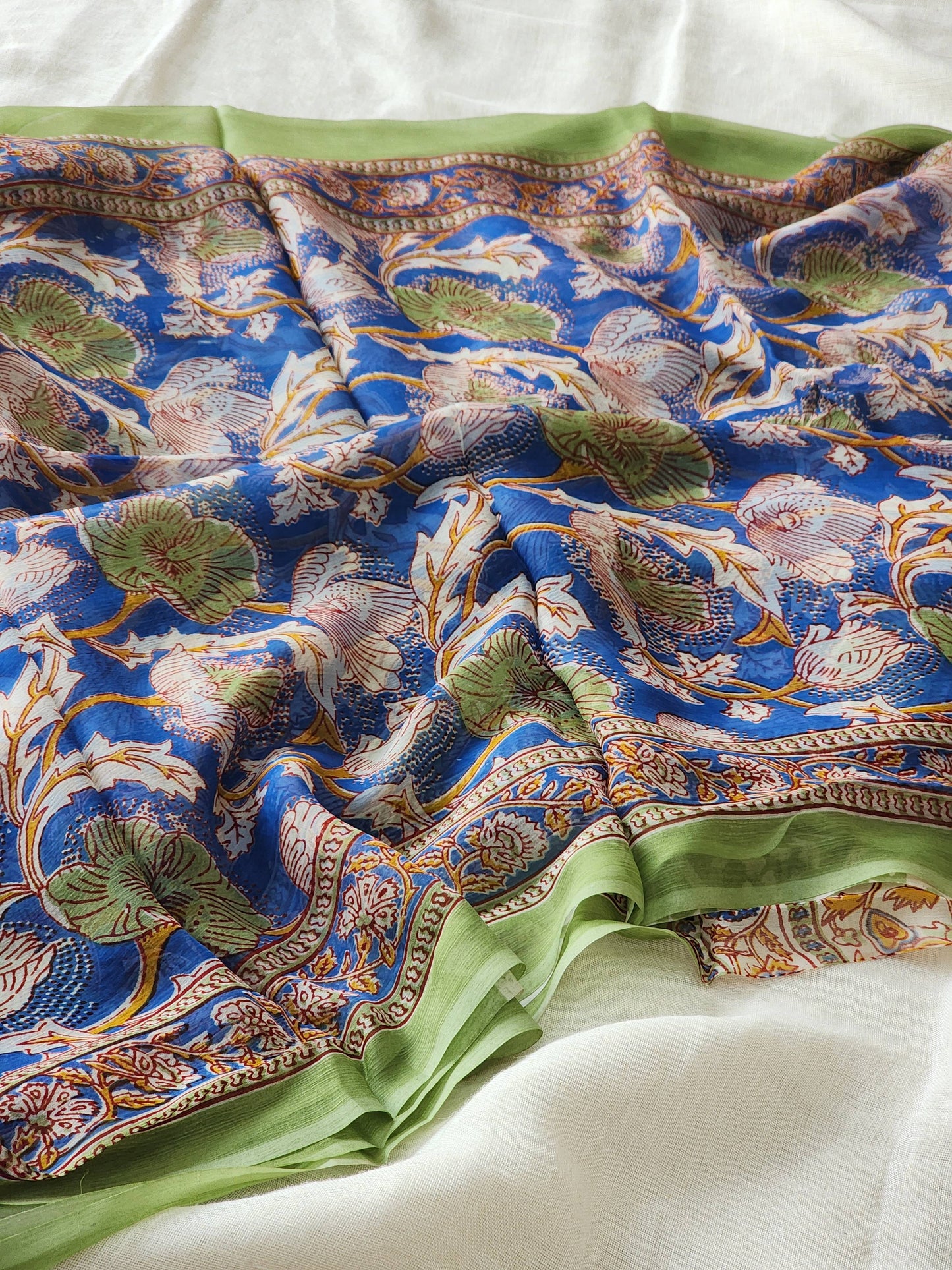 Blue Chiffon Handblock Saree