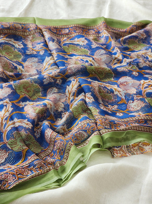Blue Chiffon Handblock Saree