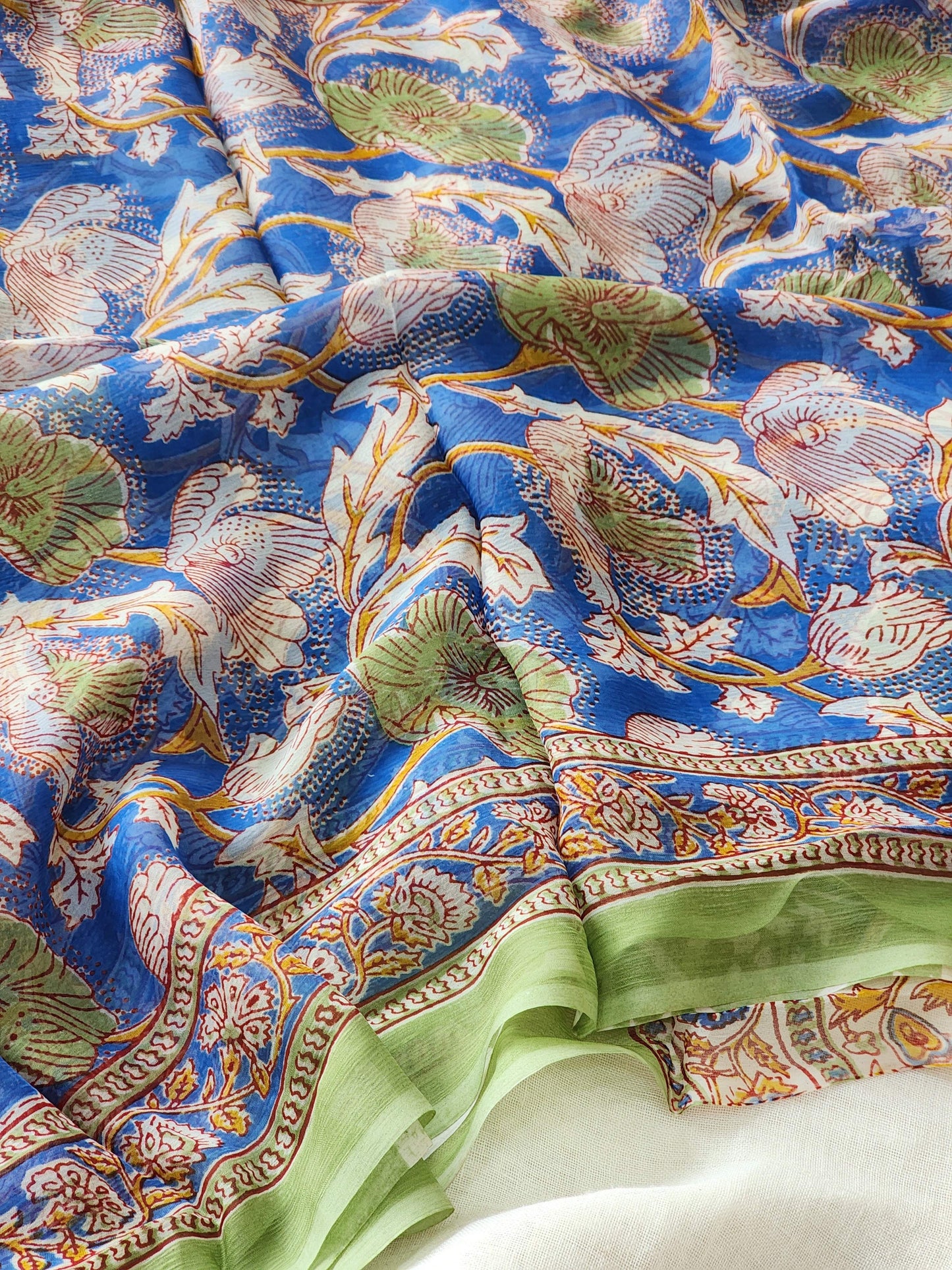 Blue Chiffon Handblock Saree