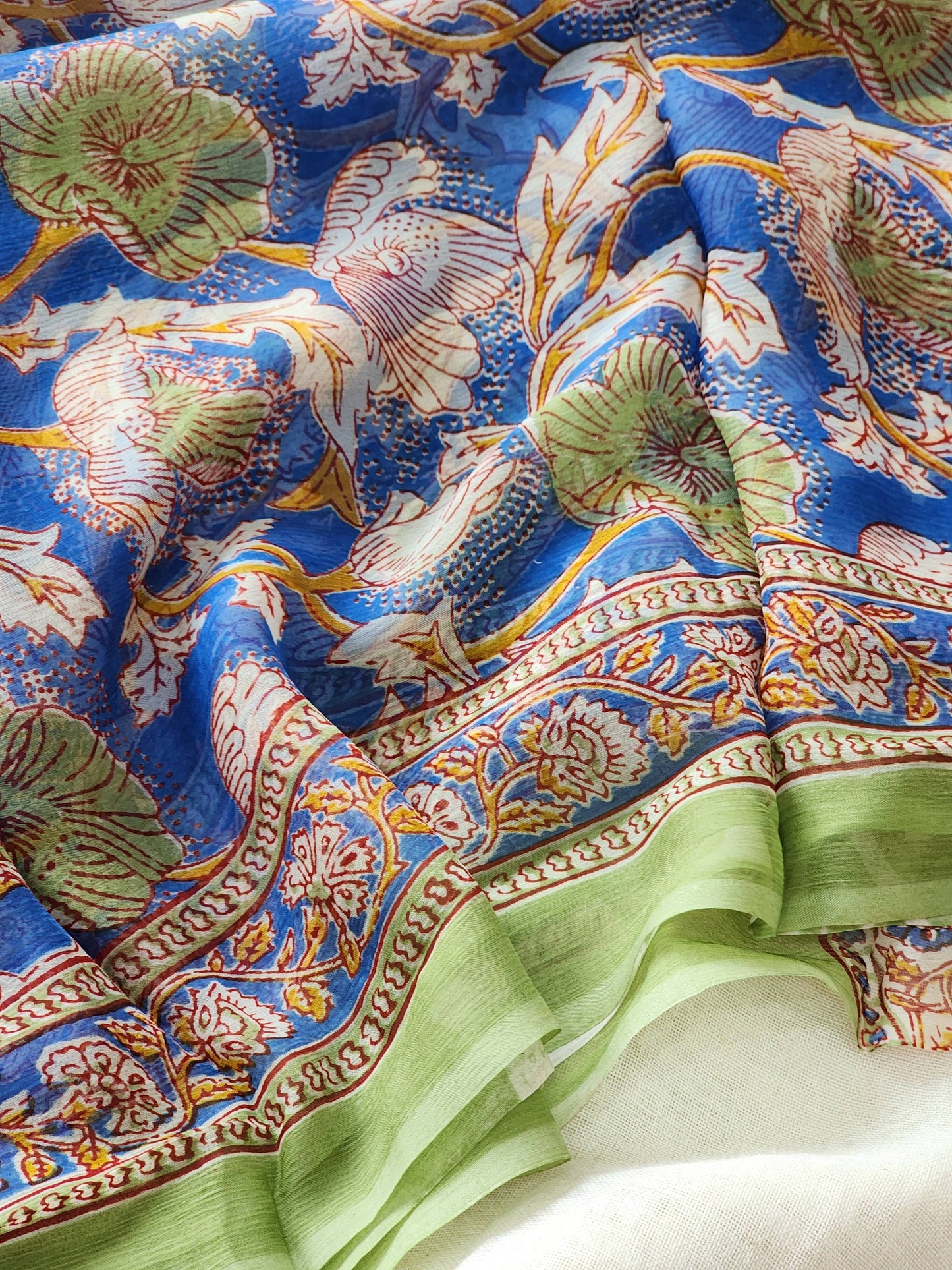 Blue Chiffon Handblock Saree