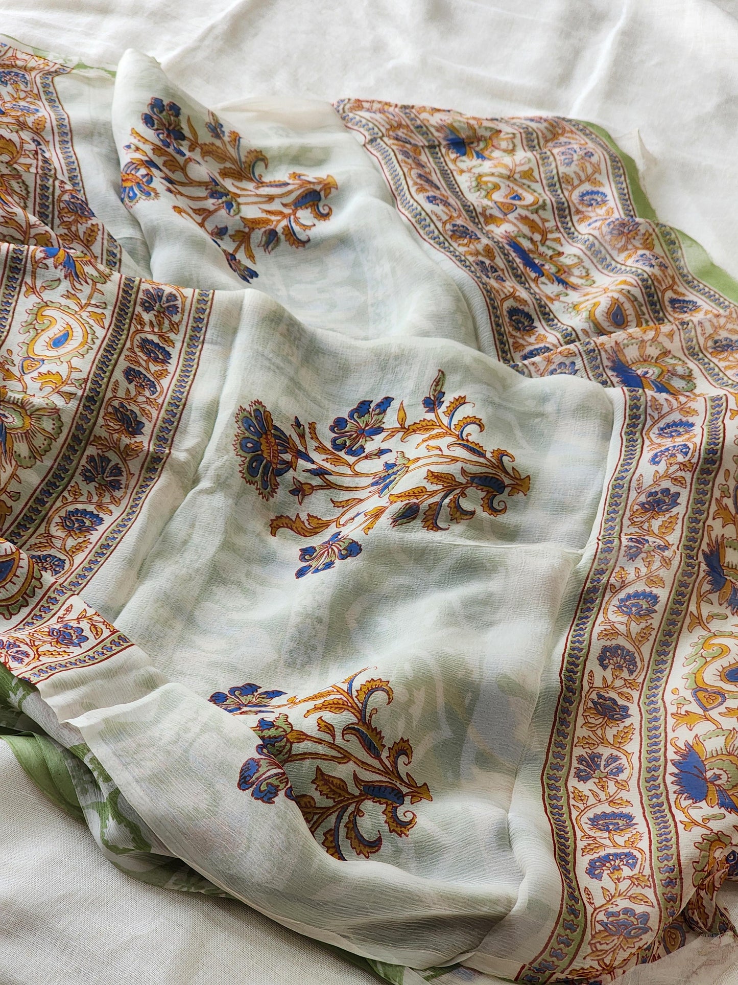 Blue Chiffon Handblock Saree