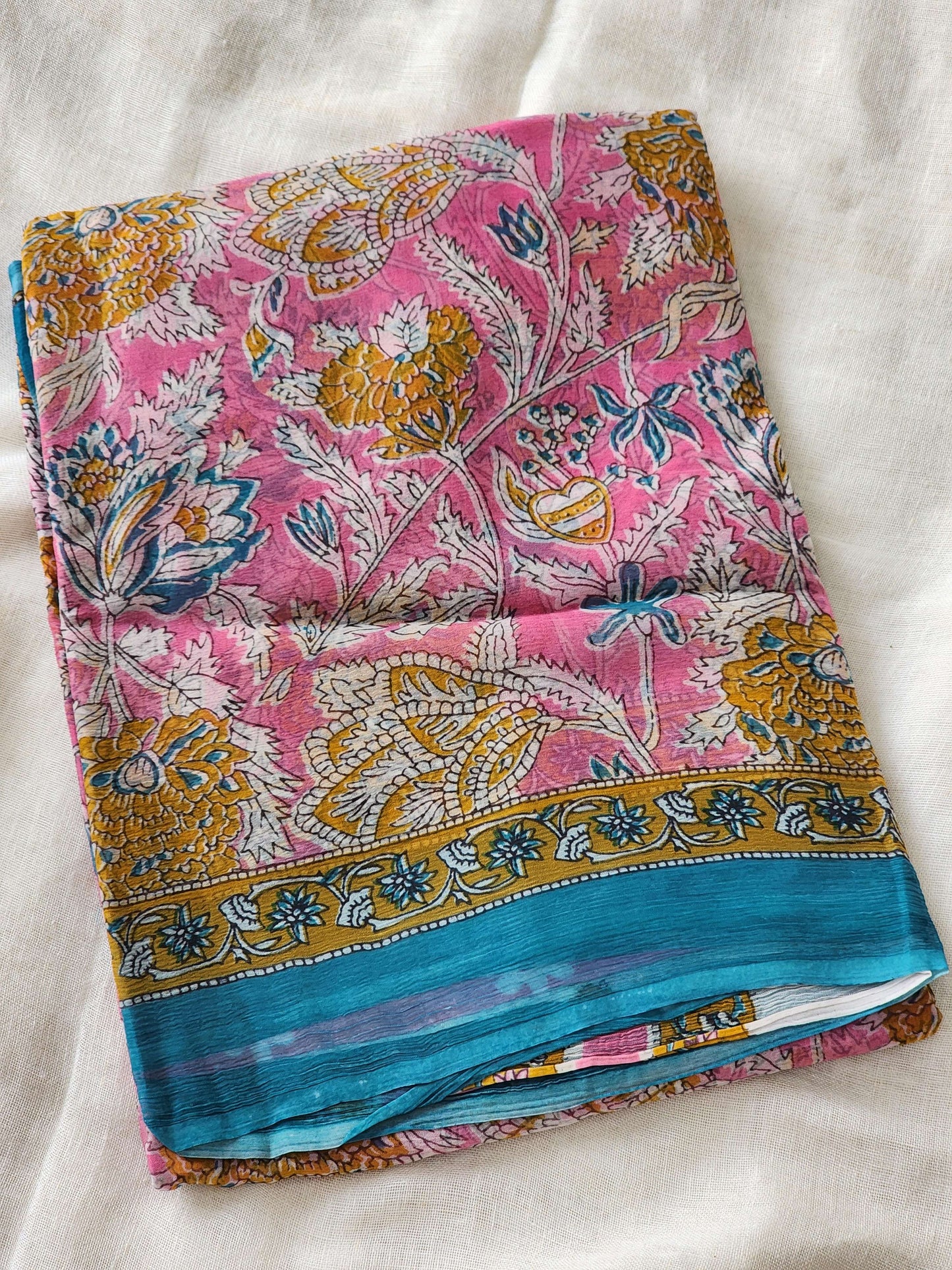 Pink Chiffon Handblock Saree