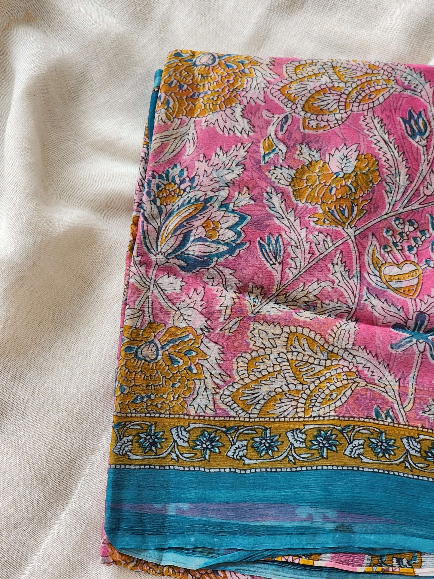 Pink Chiffon Handblock Saree