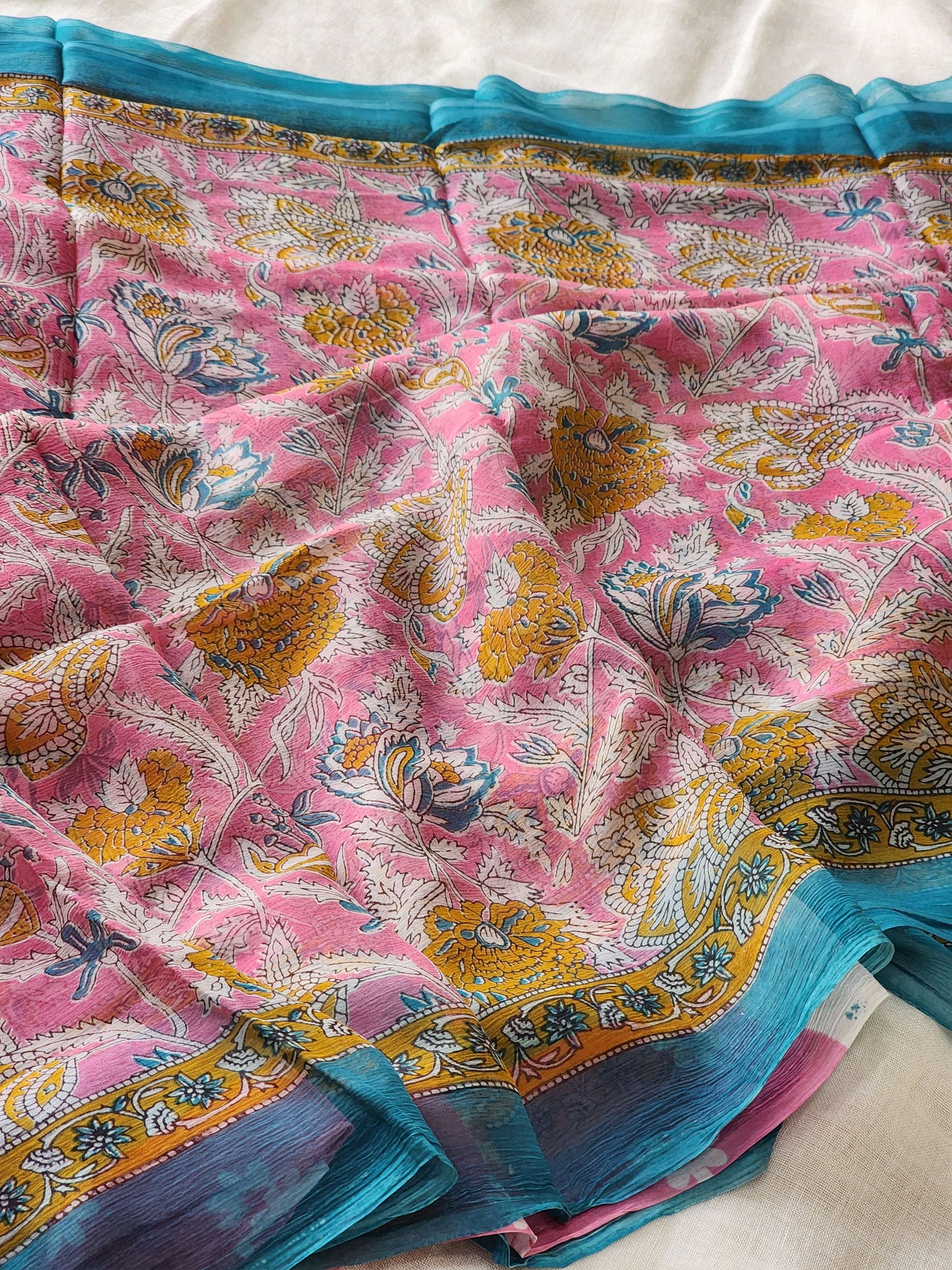 Pink Chiffon Handblock Saree