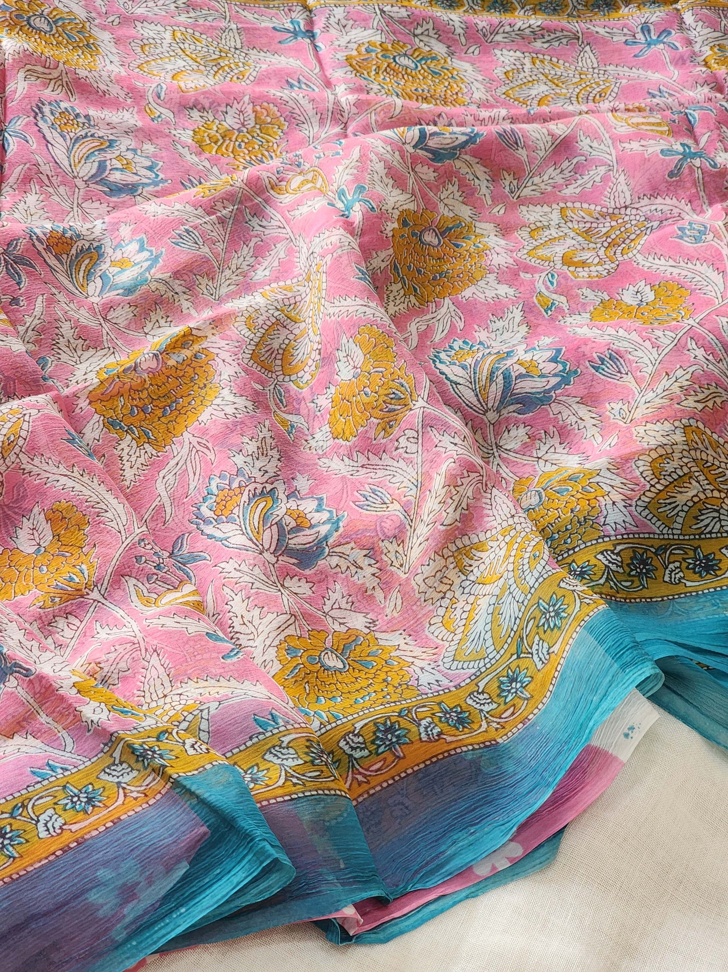 Pink Chiffon Handblock Saree